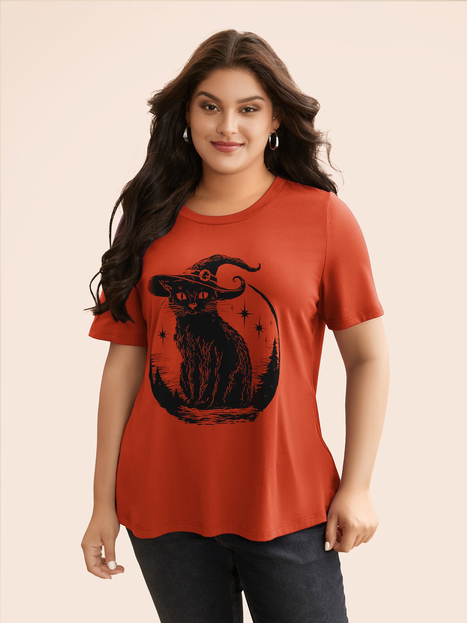 Bewitched Cat Printed Crew Neck T-shirt