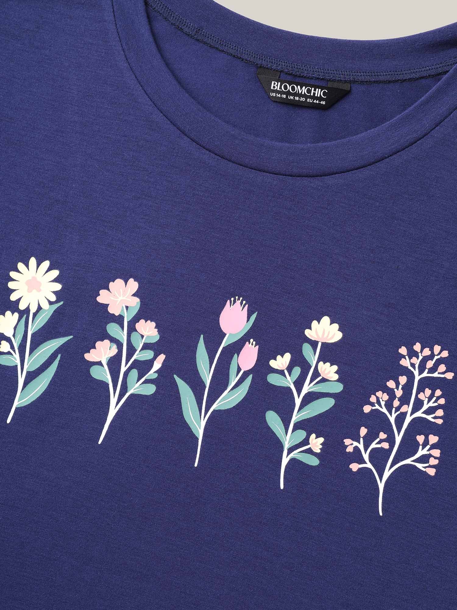 Plants Print Stretchy Crew Neck T-Shirt