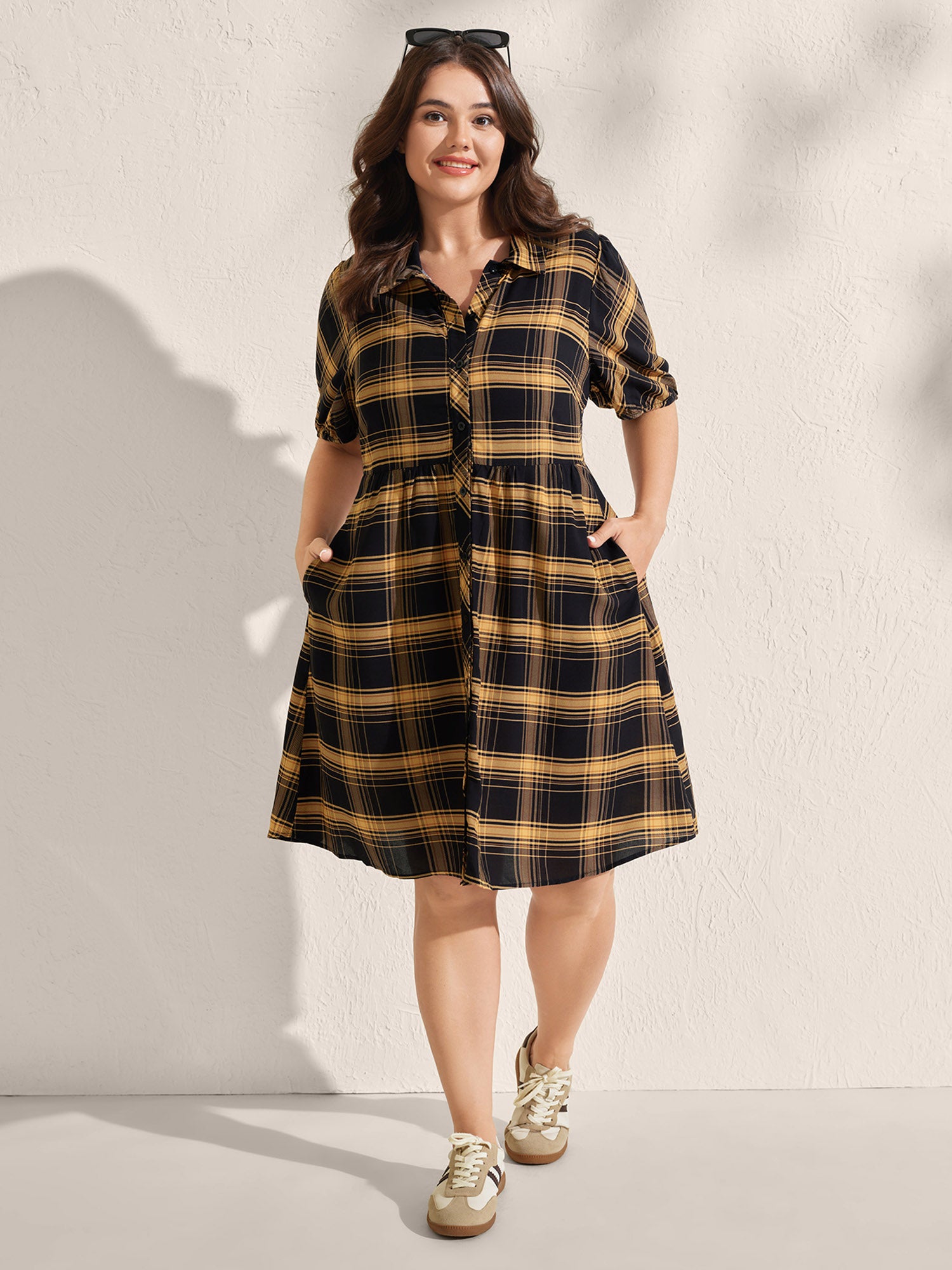 Plaid Print Side Pockets Midi Shirt Dress