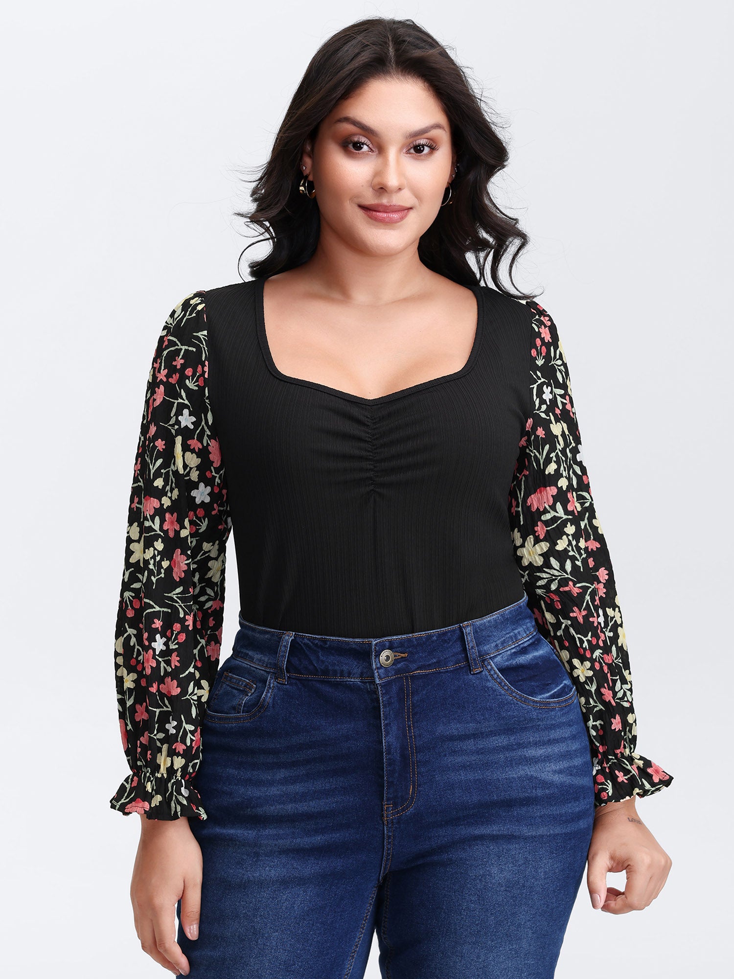 Textured Spliced Floral Sleeves Top