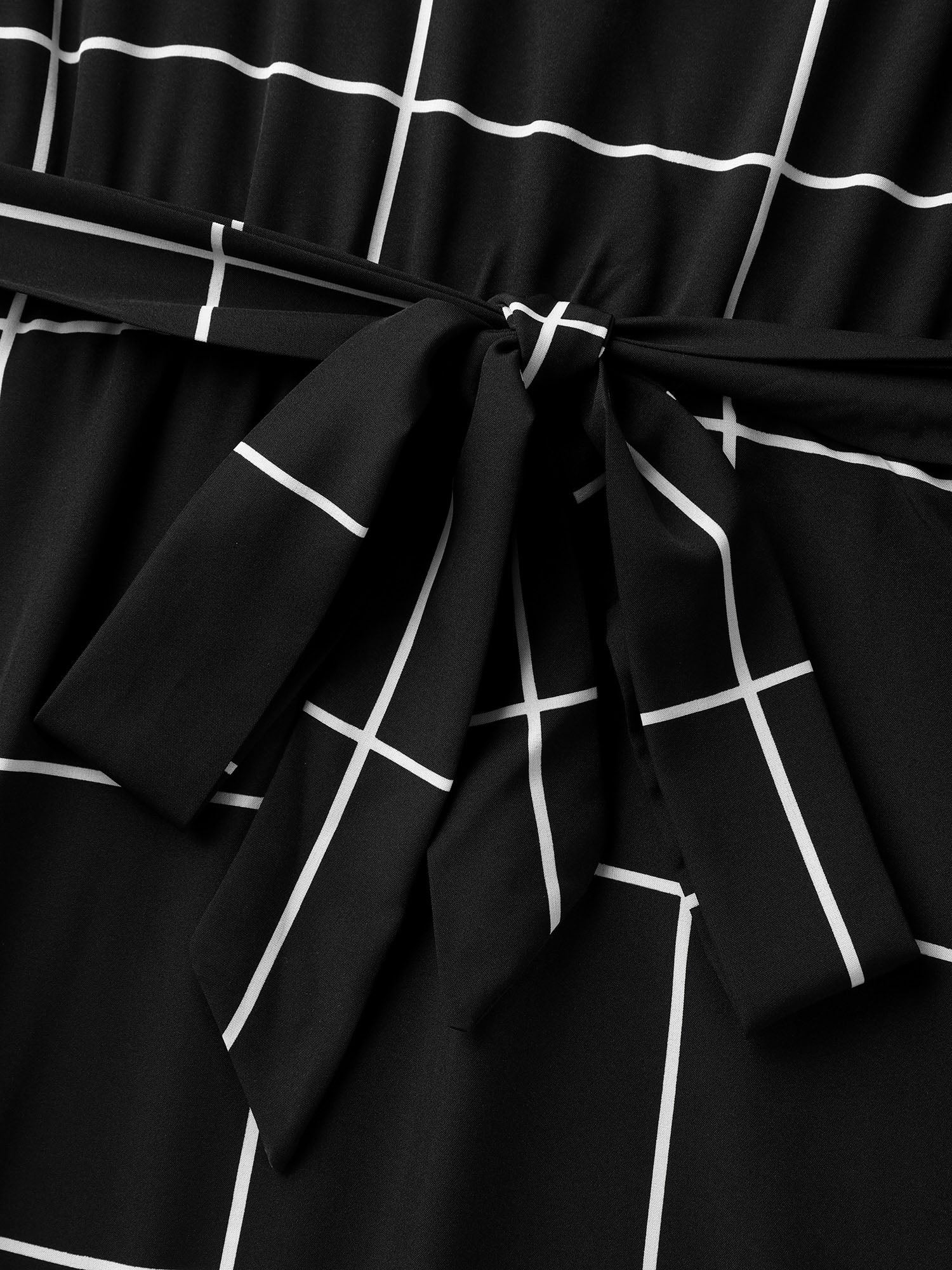 Checkered Print Belted Pockets Midi Dress