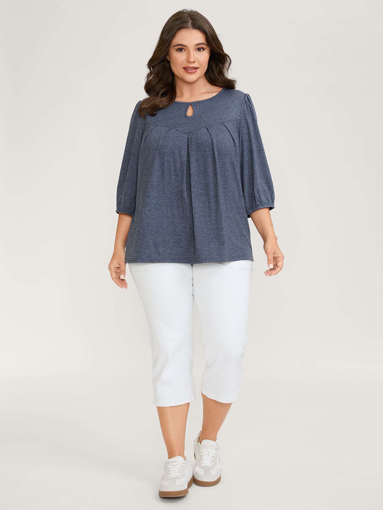 Pleated Neckline Cut-Out Knit Top