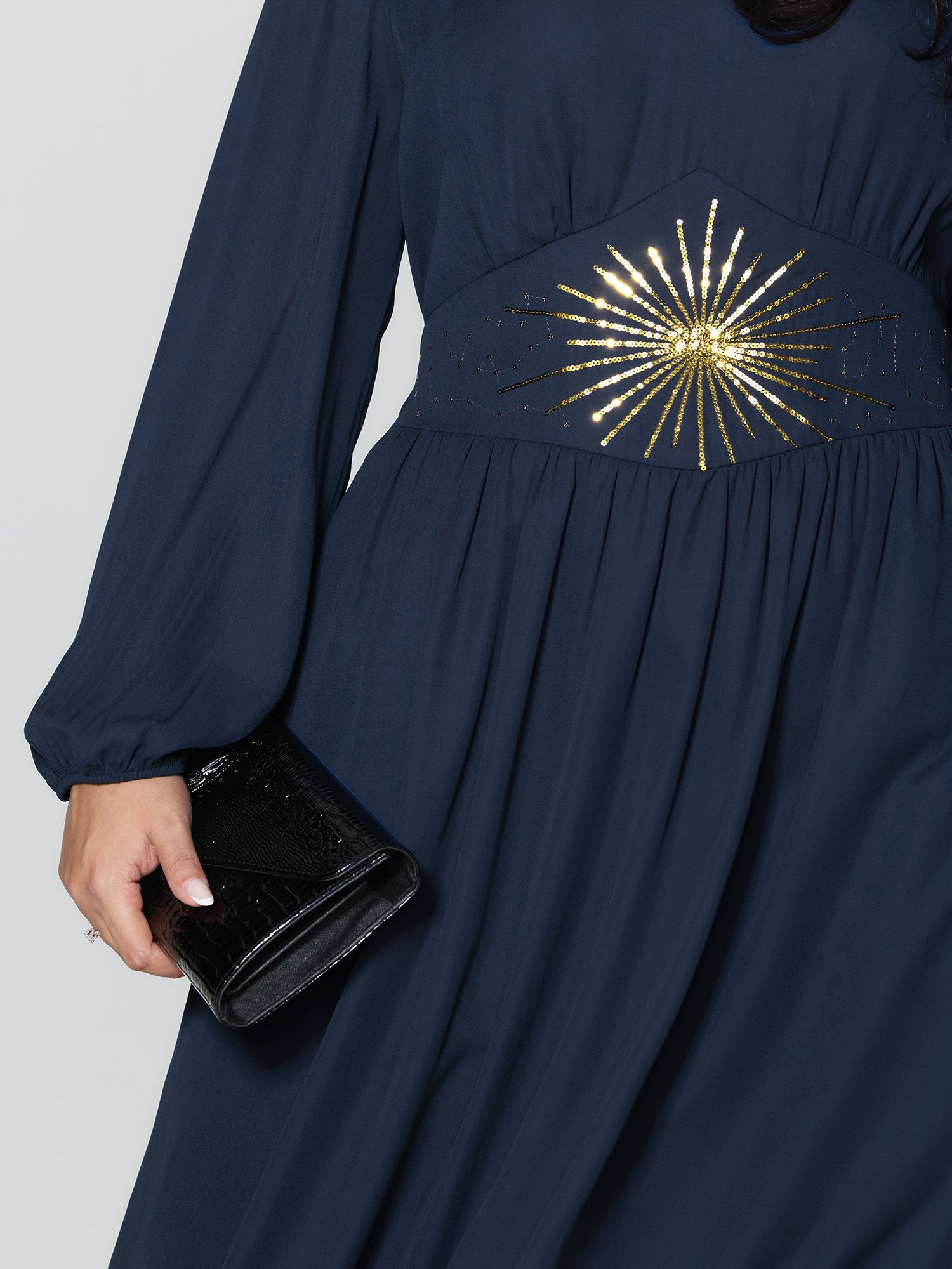 Gold Sequin Embroidery Sheer Shirred Midi Dress