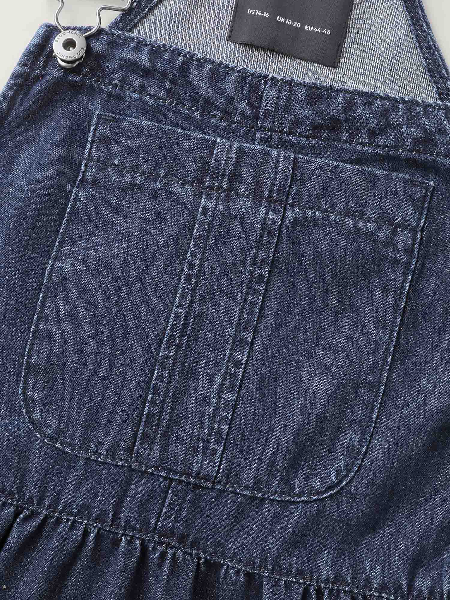 Denim Adjustable Overall Straps Pockets Midi Dress