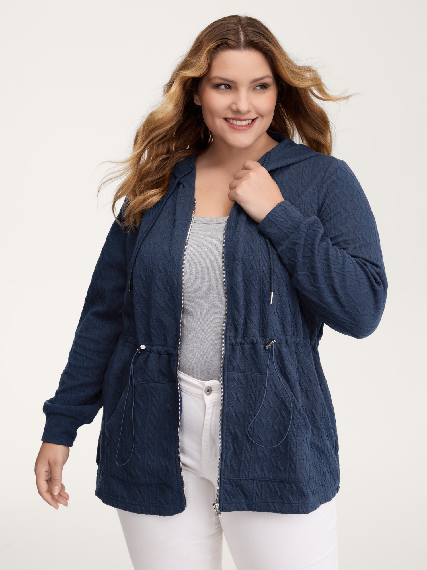 Textured Zipper Drawstring Hooded Jacket