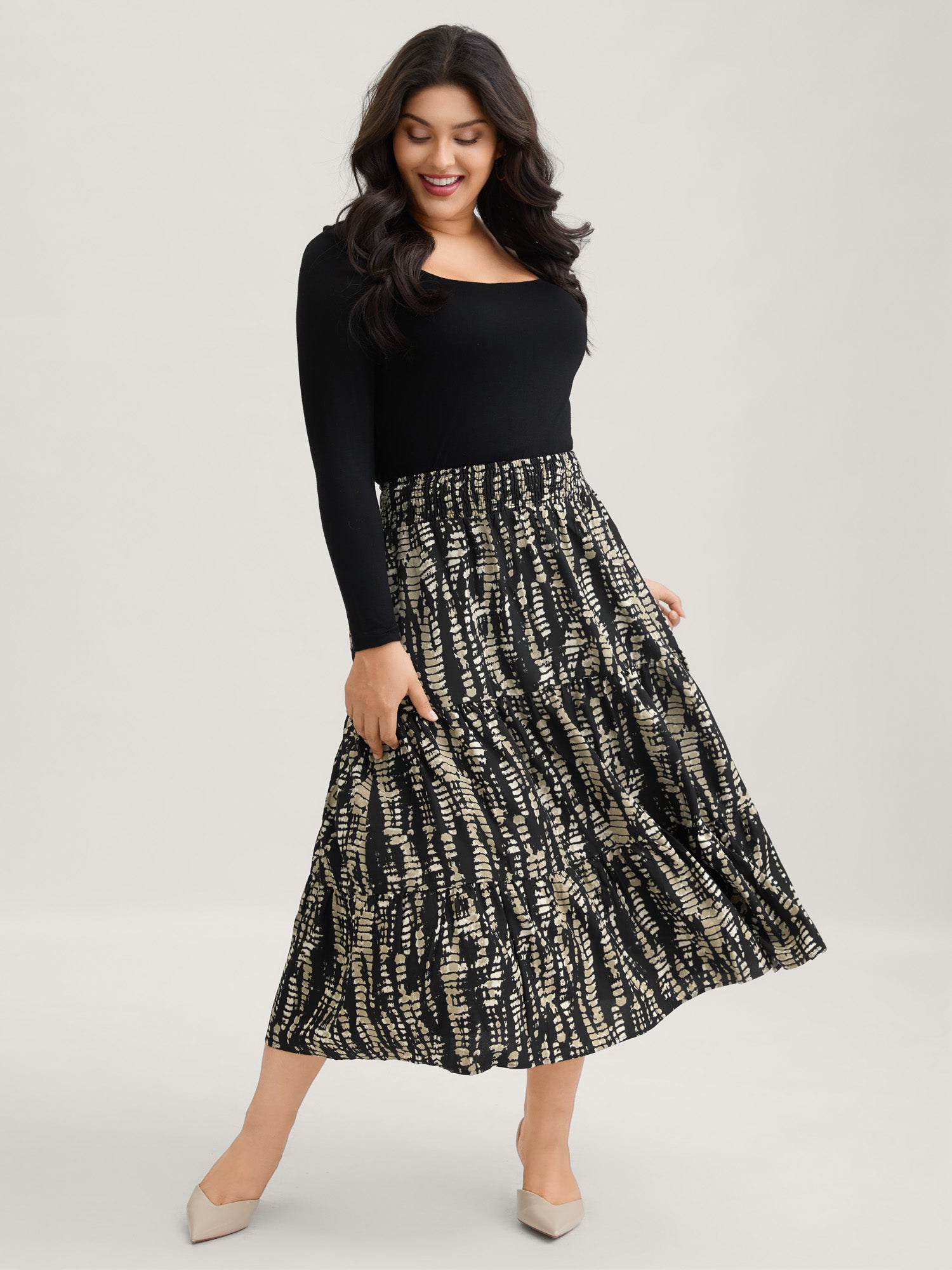 Geometric Shirred Ruffle Layered Hem Skirt