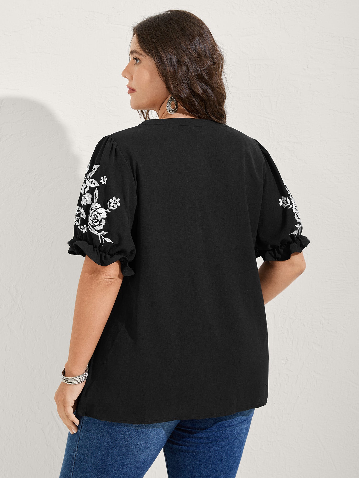 Notched Collar Embroidered Ruffled Blouse