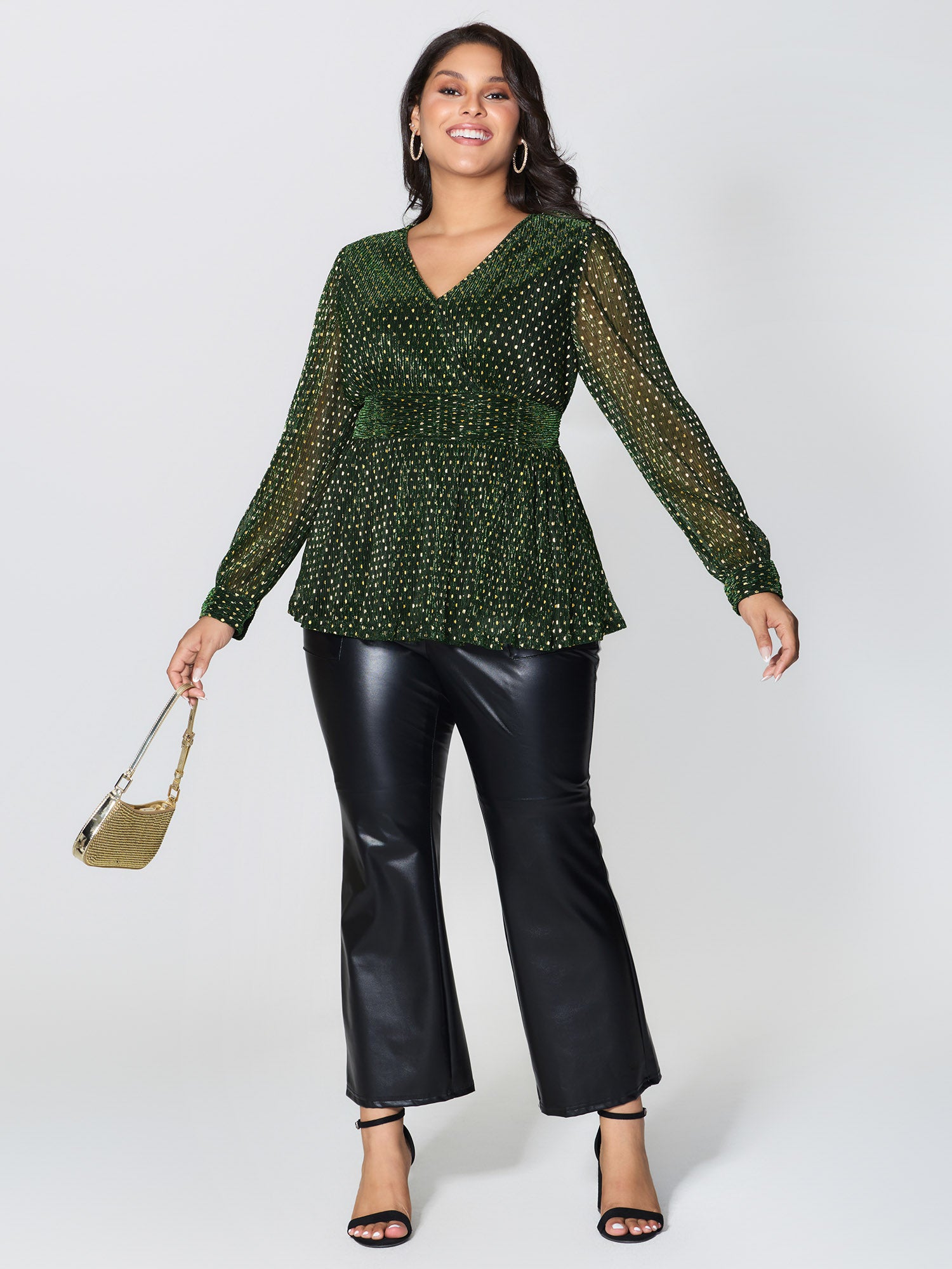 Lurex Textured Flared V-Neck Blouse