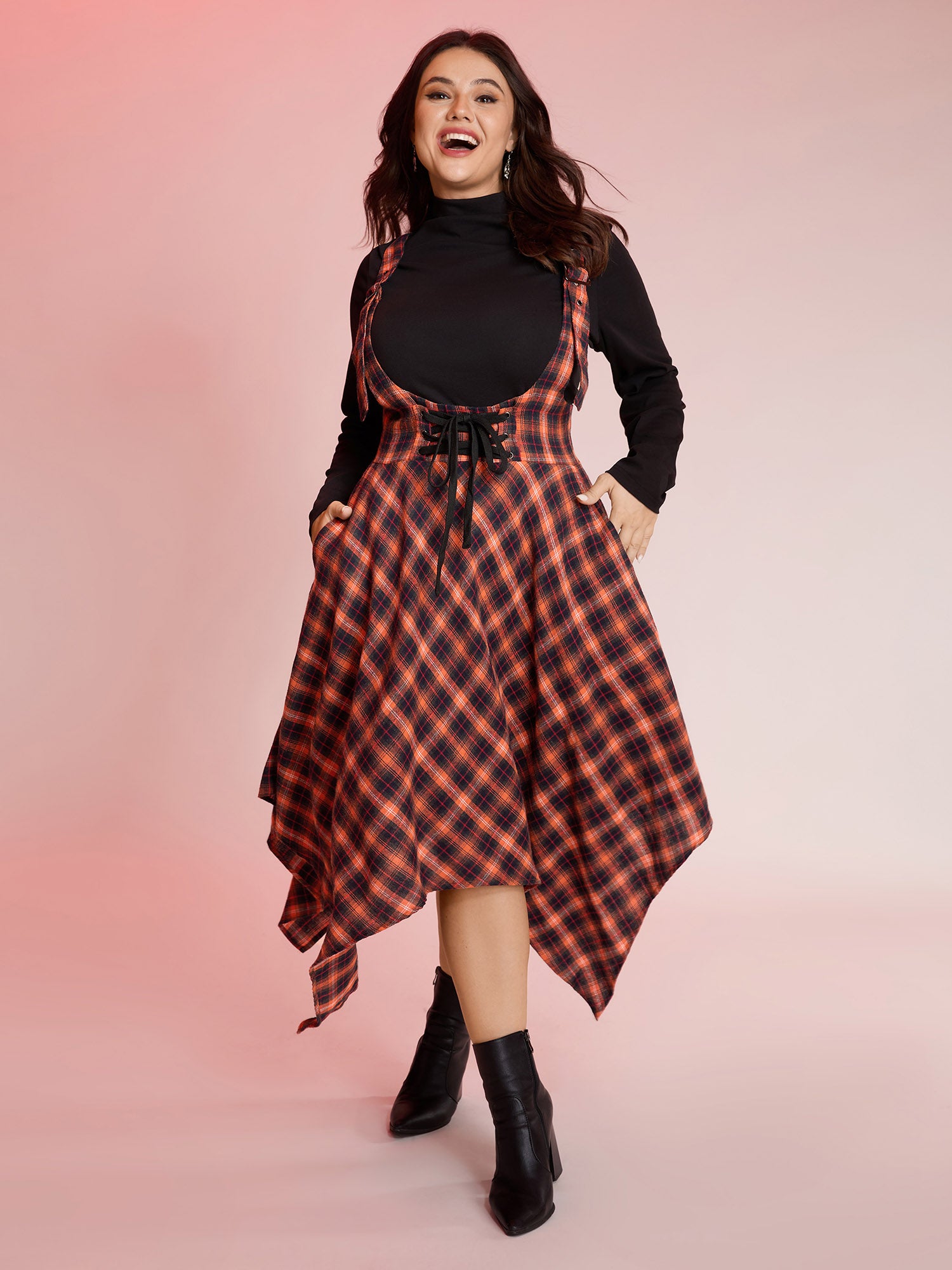 Plaid Handkerchief-Hem Adjustable Midi Skirt