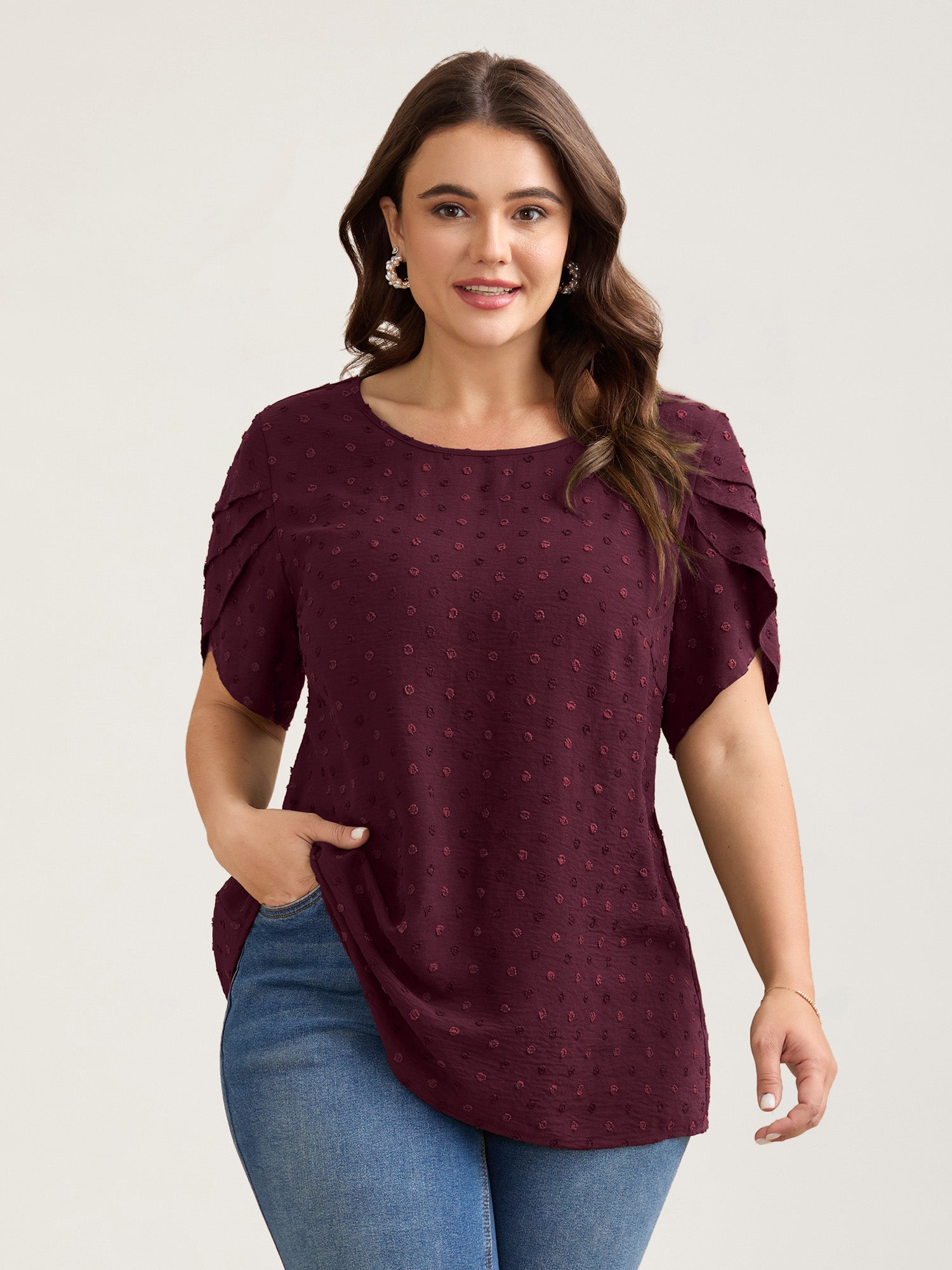 Textured Color Contrast Petal Sleeve Blouse