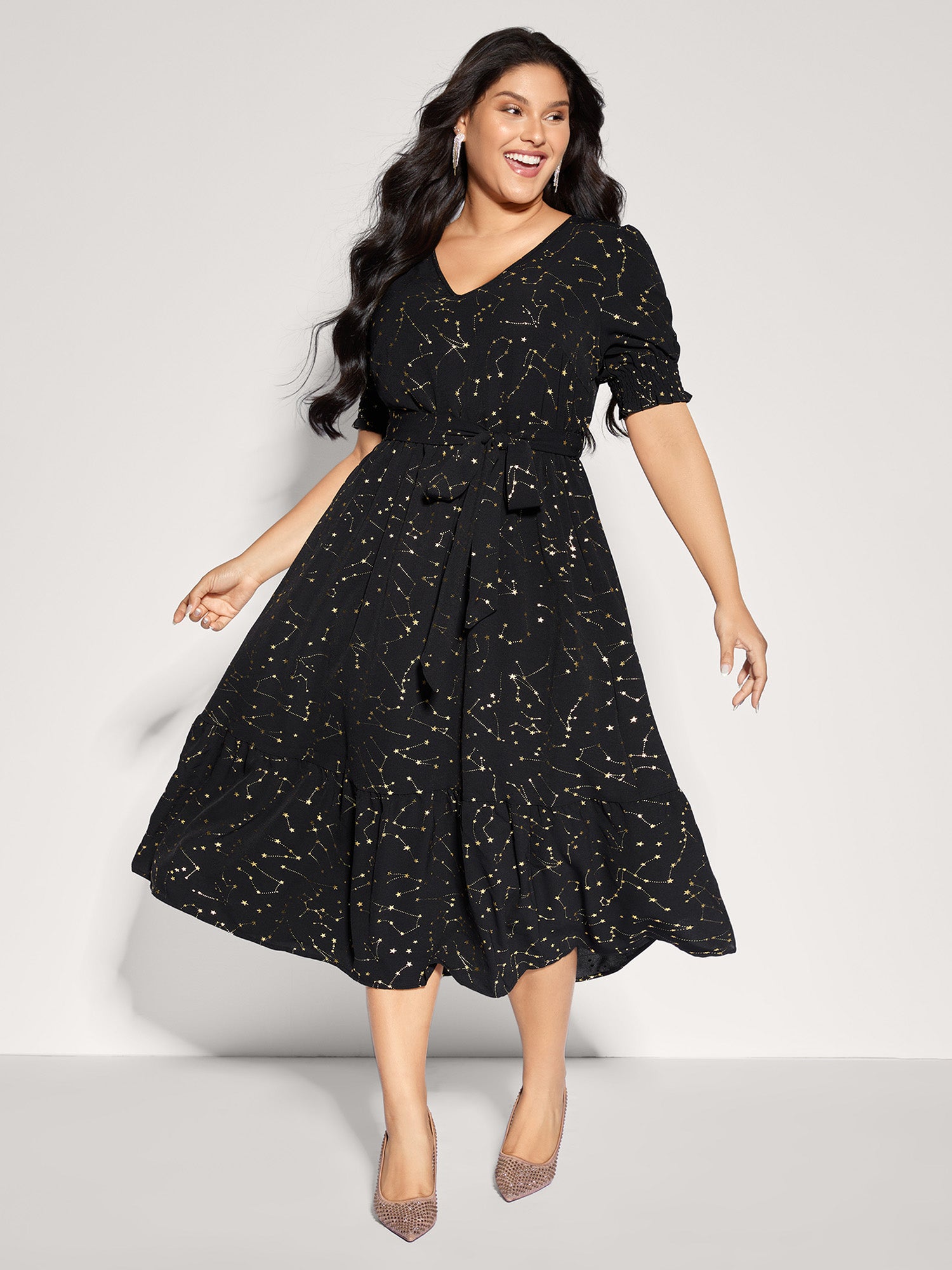 Shimmery Star Print Stretchy-Waist Midi Dress