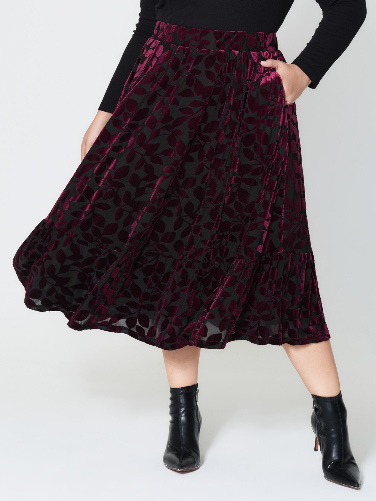 Laser-Cut Velvet Pleated Maxi Skirt