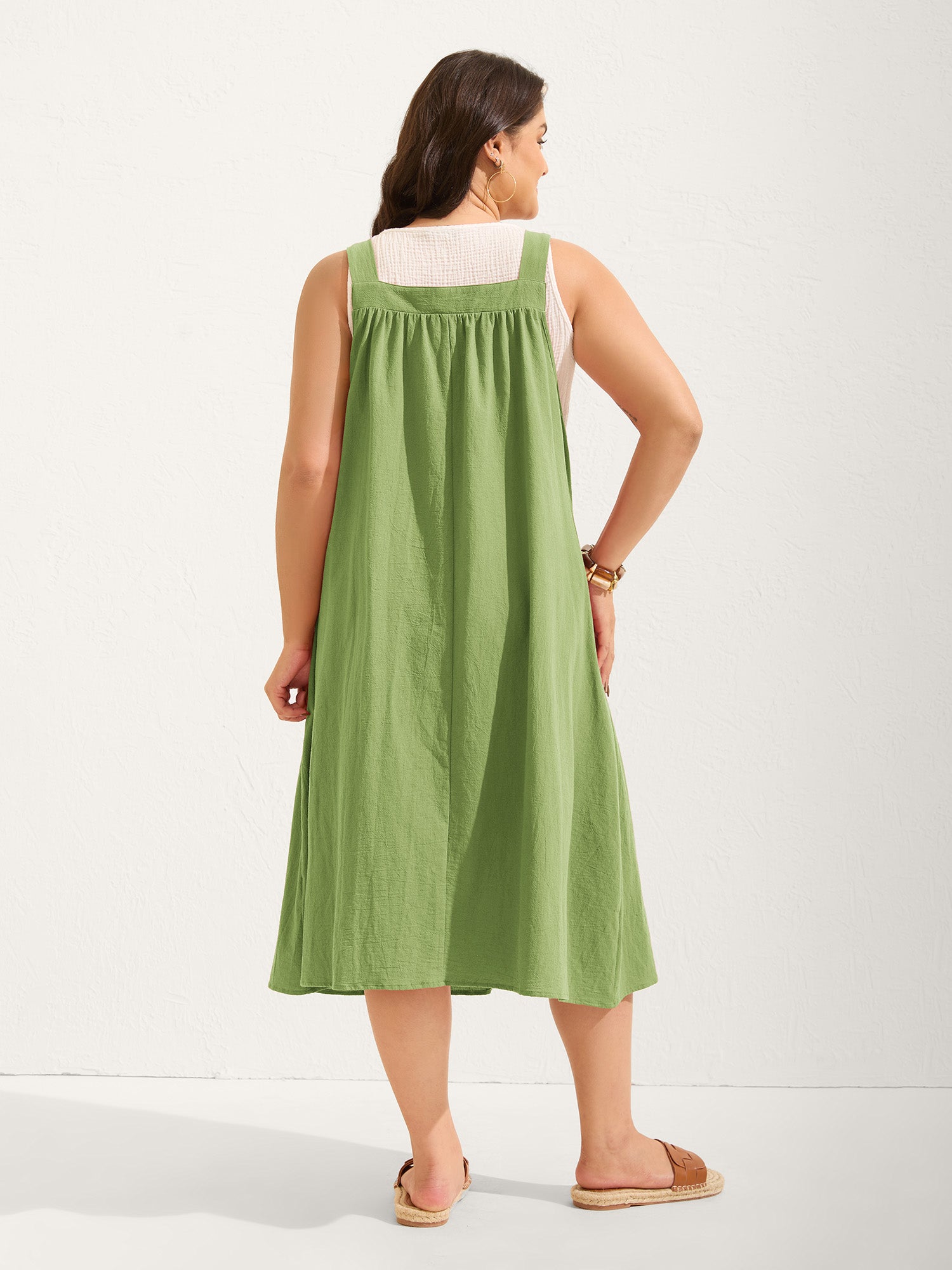 Pure Cotton Pleated Pockets Midi Dress