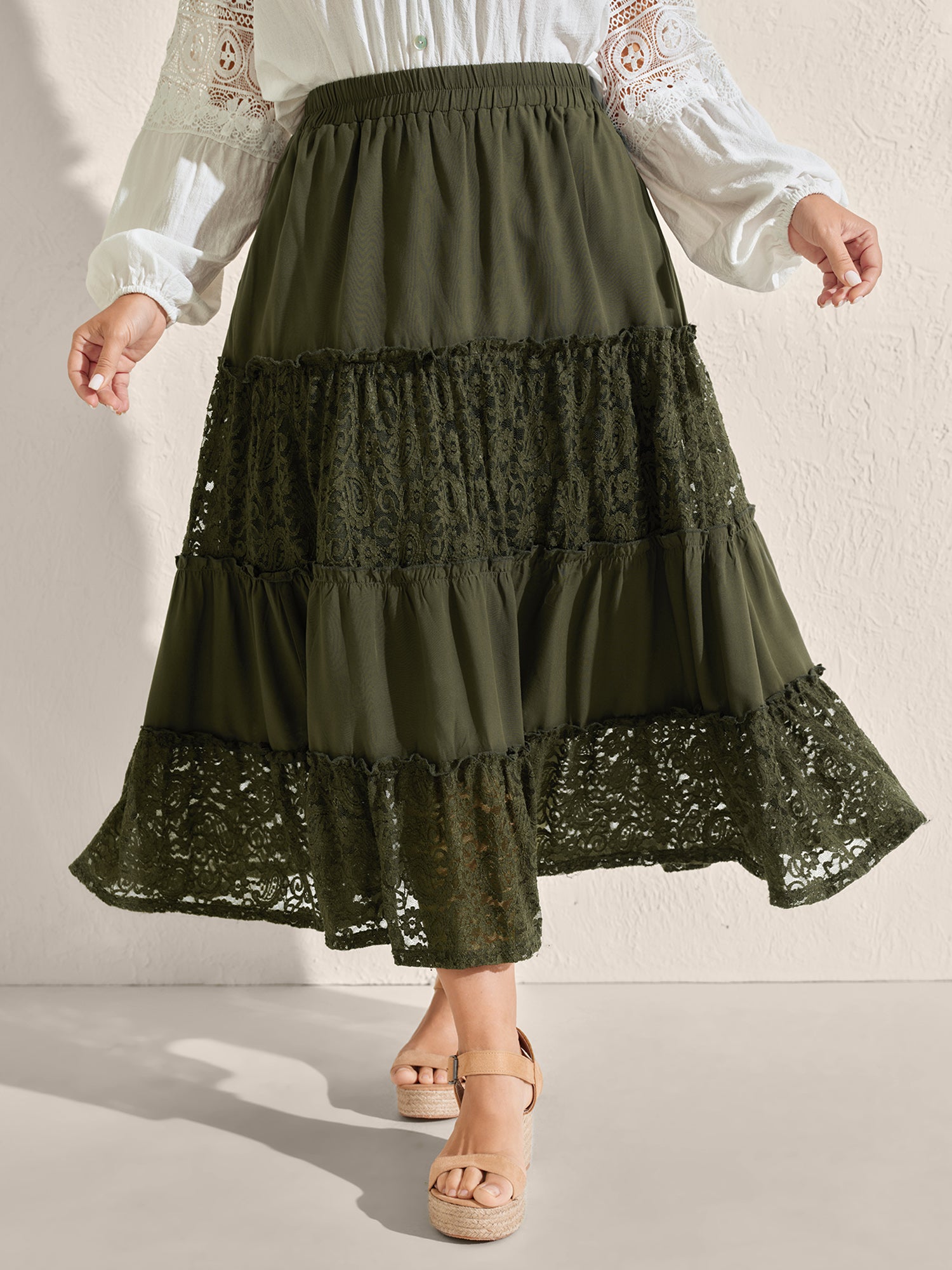 Lace Trim Flowy Tiered Maxi Skirt