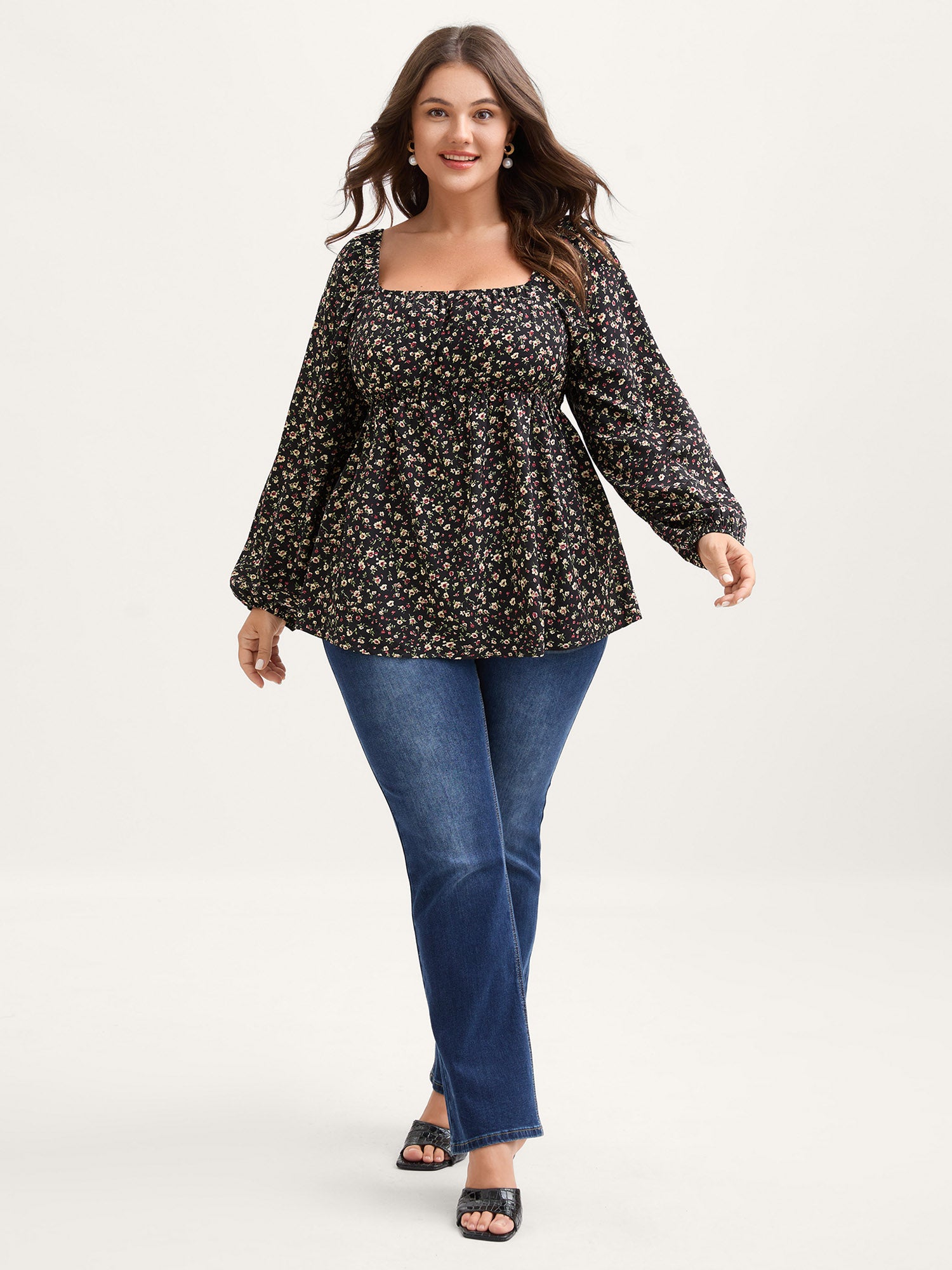 Floral Print Shirred Bodice Puff Sleeve Blouse