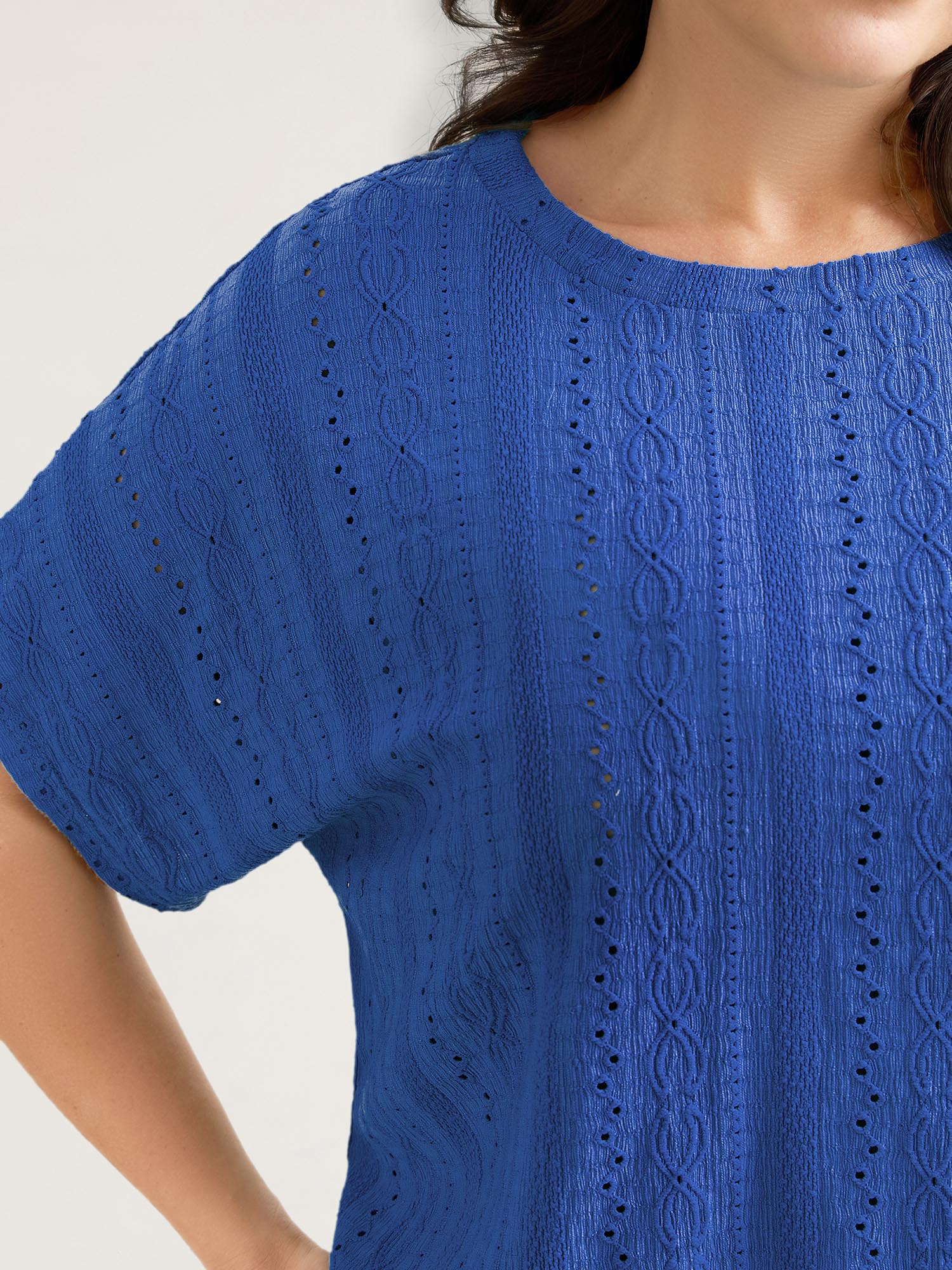 Eyelet Trim Stretchy Textured Plain Top