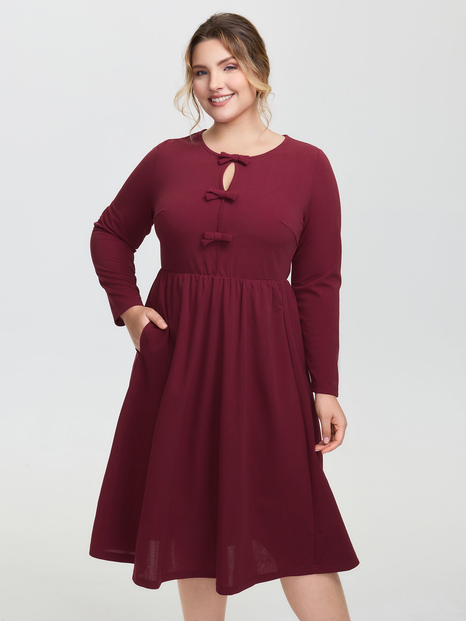 Bowknot Detail Pockets Knit Midi Dress