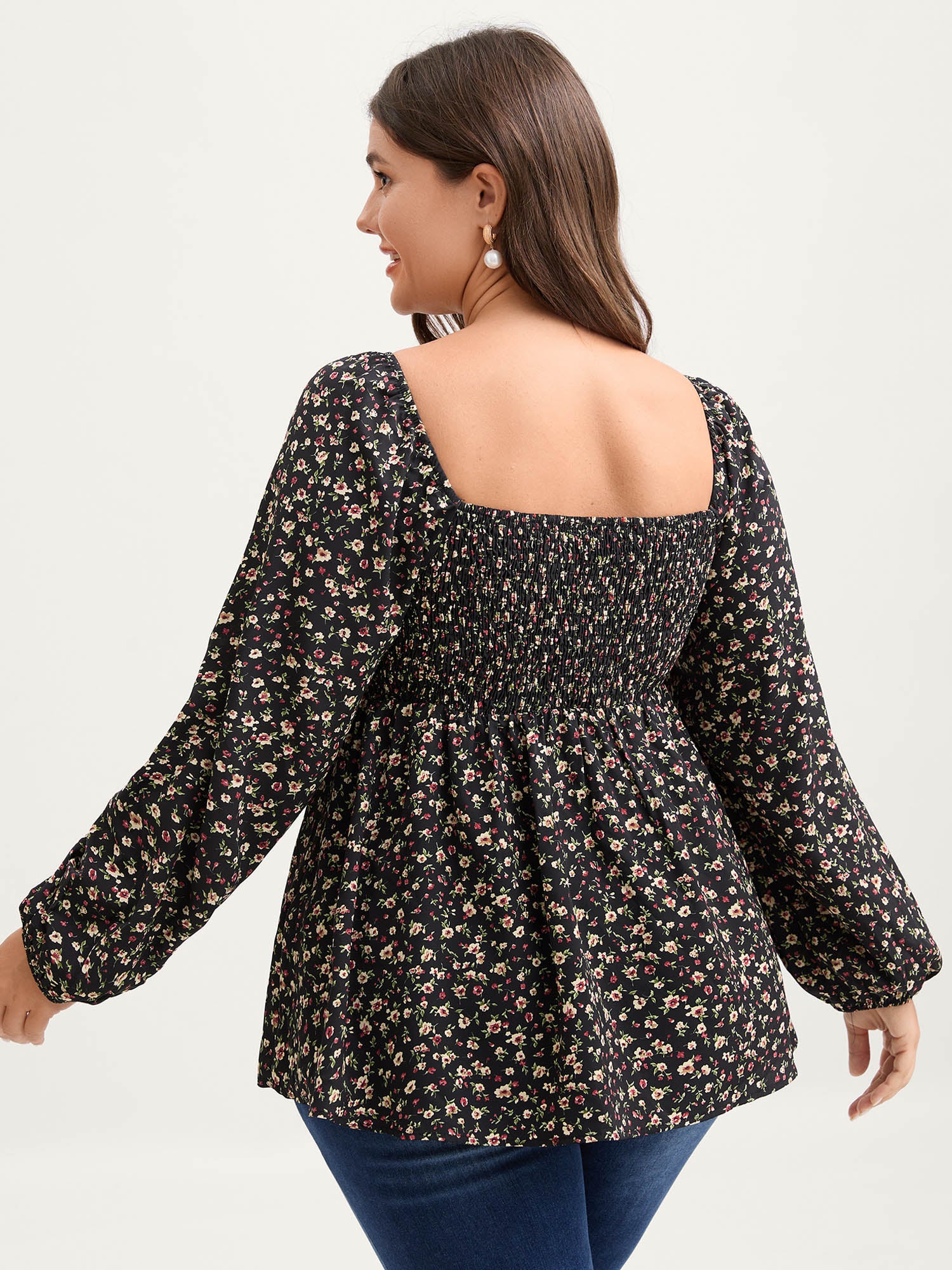 Floral Print Shirred Bodice Puff Sleeve Blouse
