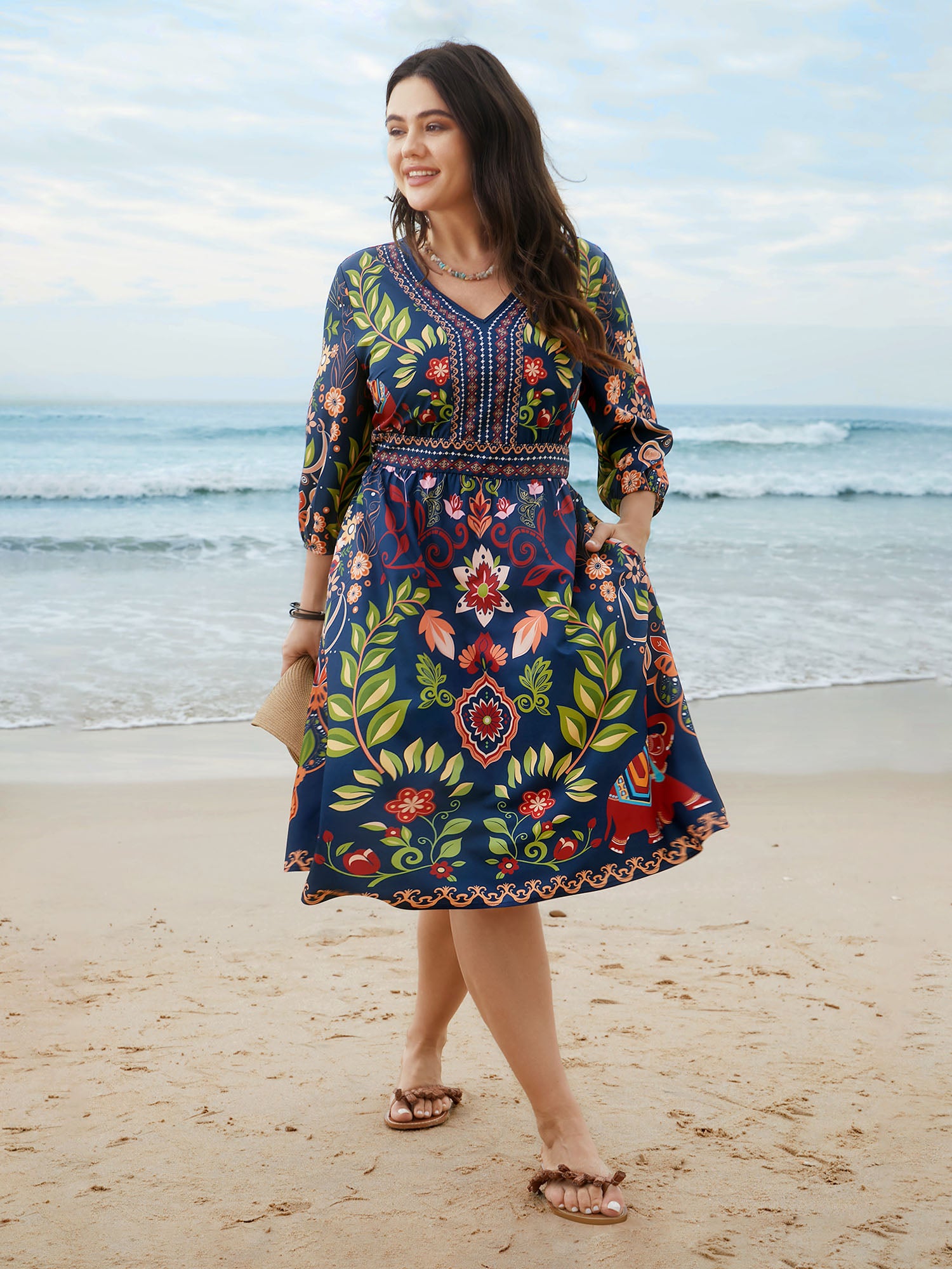 Boho Print V-Neck Pockets Midi Dress
