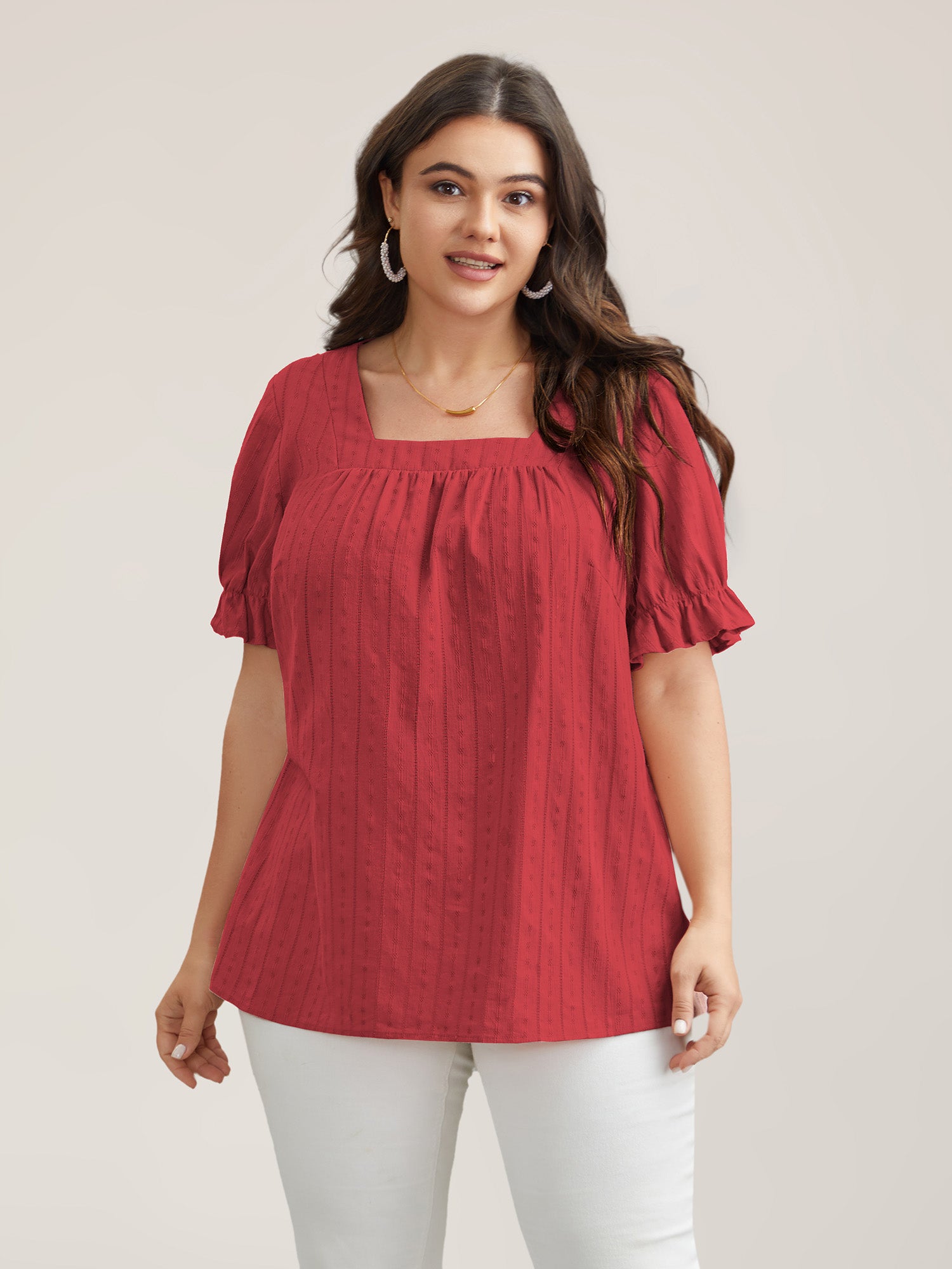 Cotton Square Neck Ruffled Sleeve Shirt