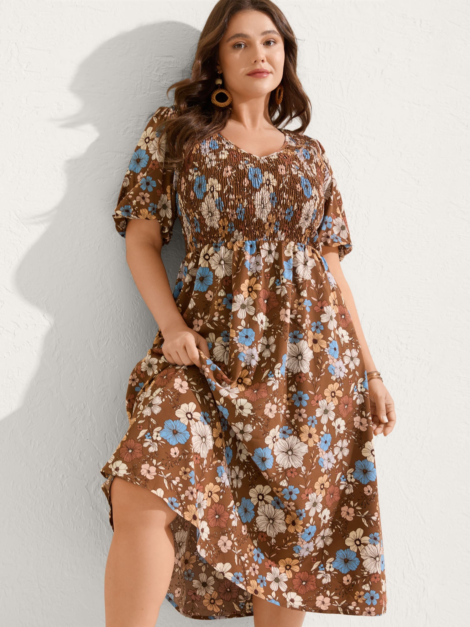 Fall Florals Shirred Bodice Midi Dress