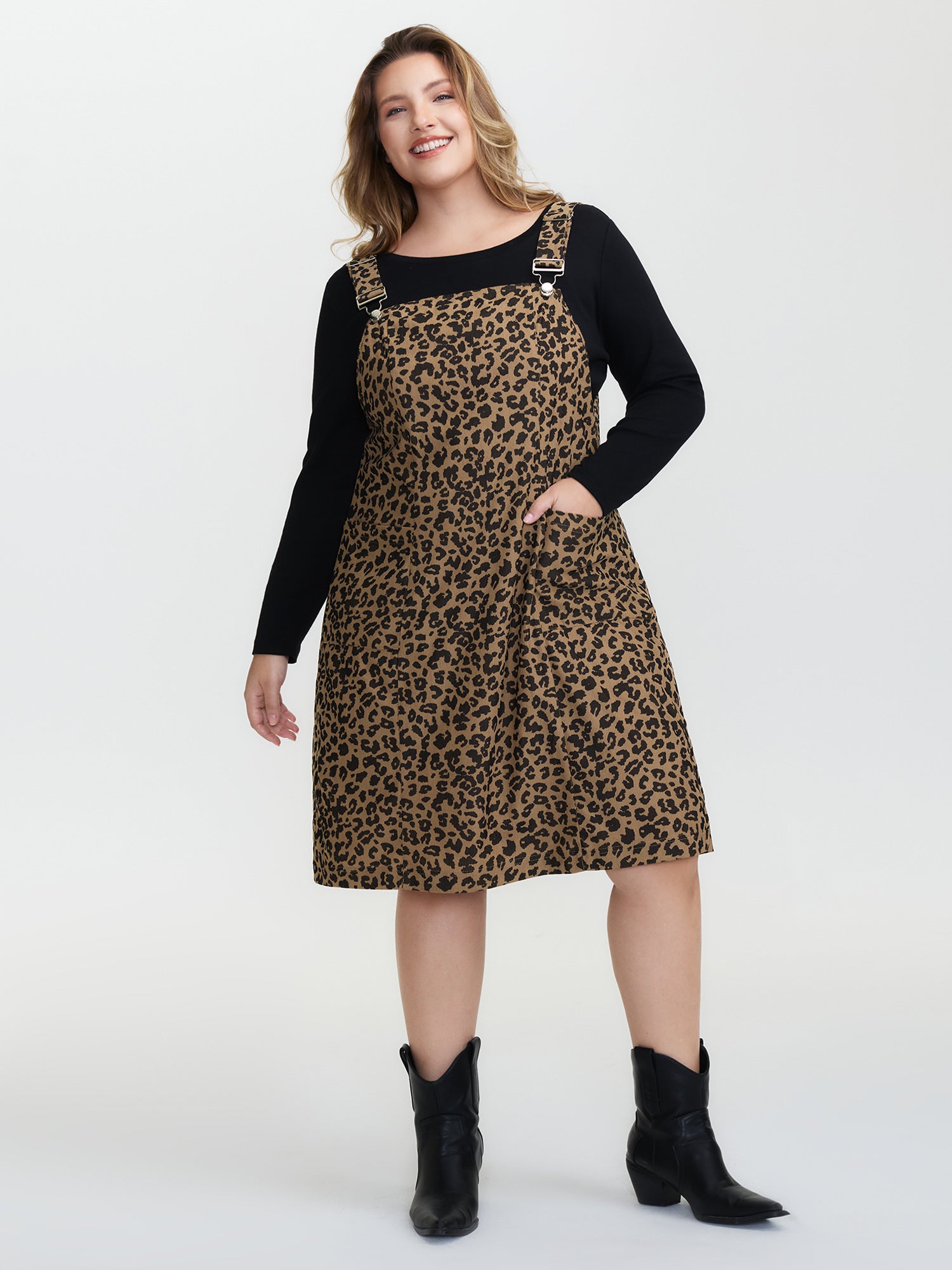 Leopard Print Overall Straps Pockets Midi Dress