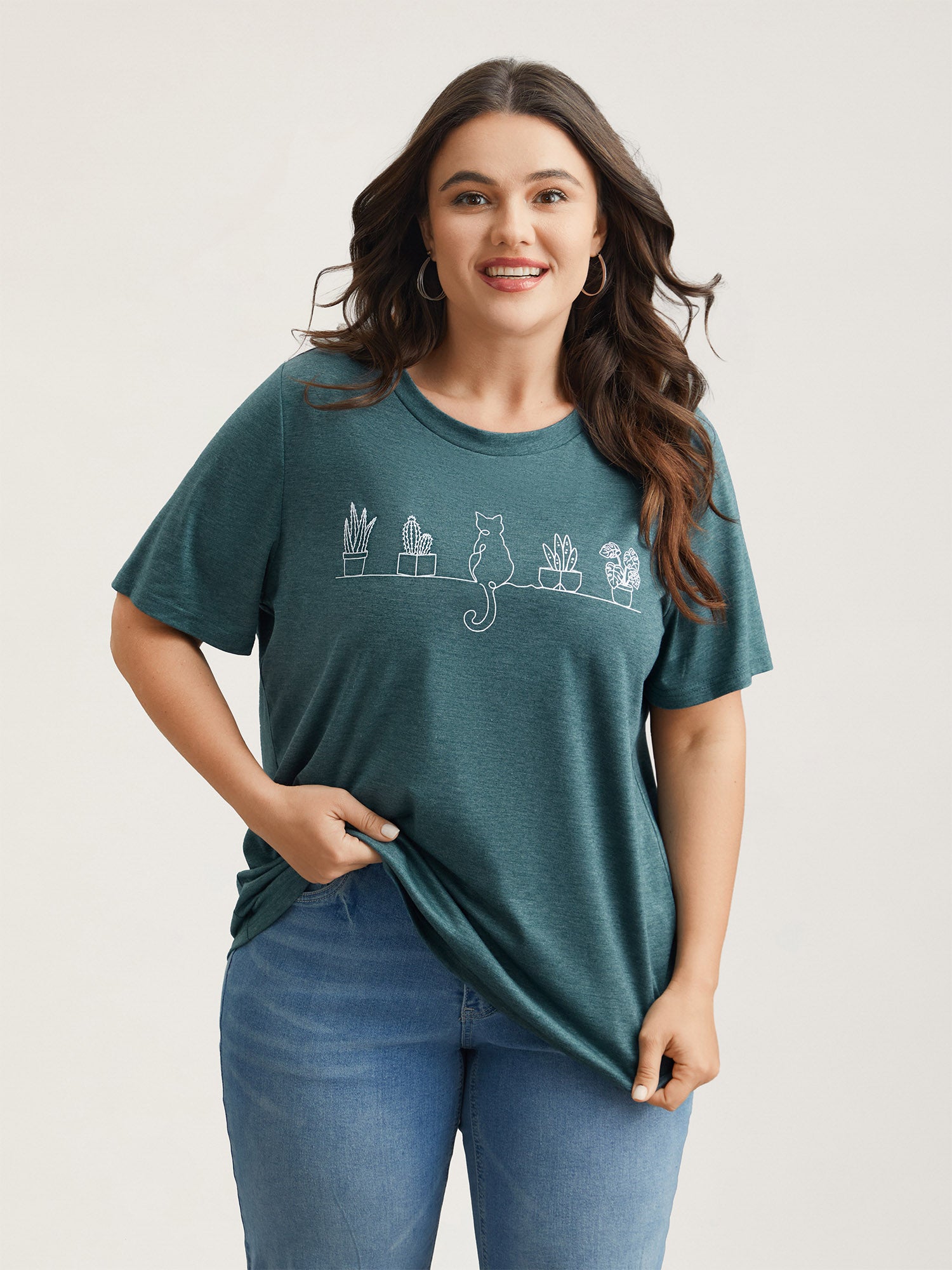 Cat Print Crew Neck Stretchy T-Shirt