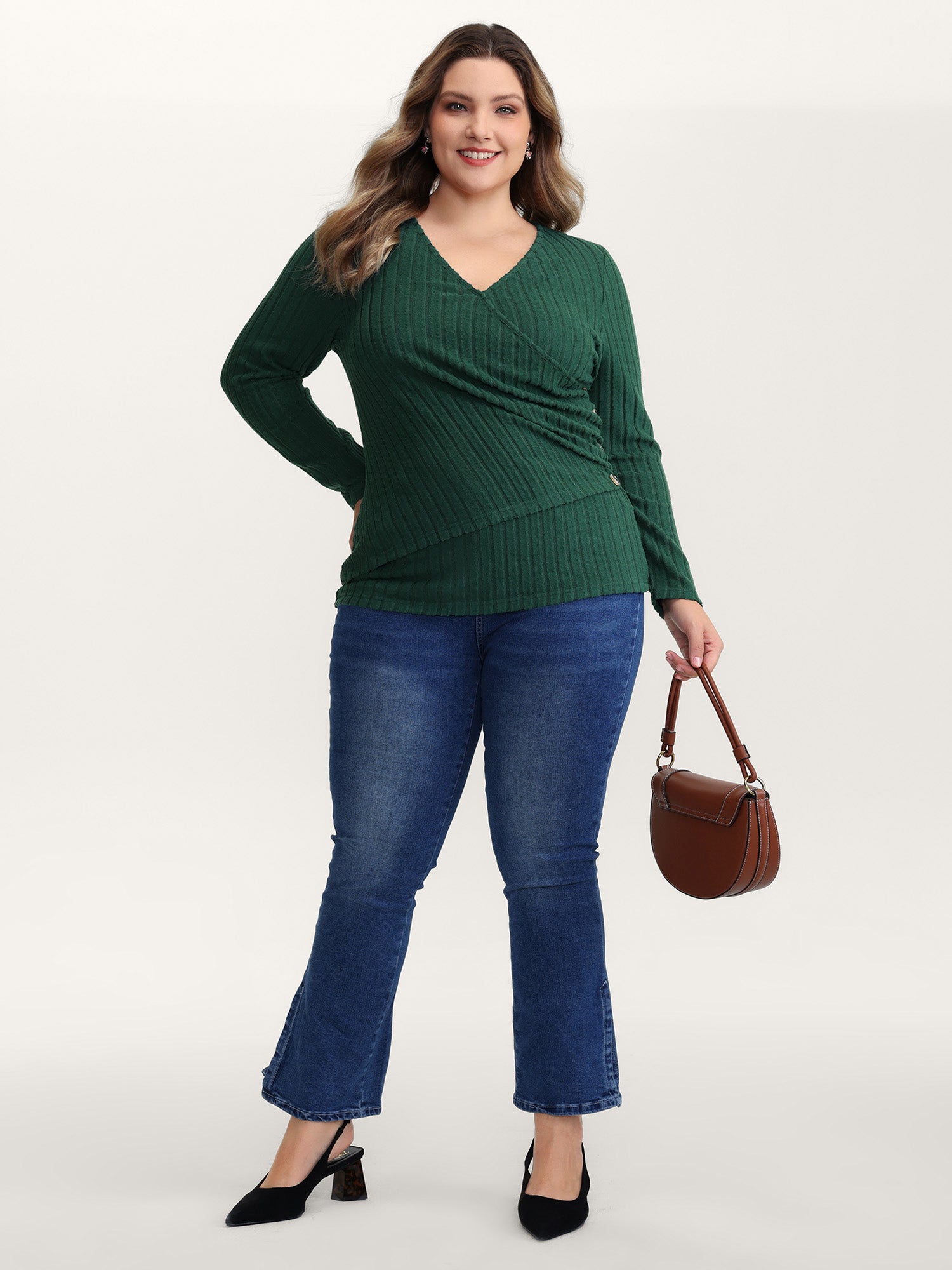 Textured Wrap Button Detail Knit Top