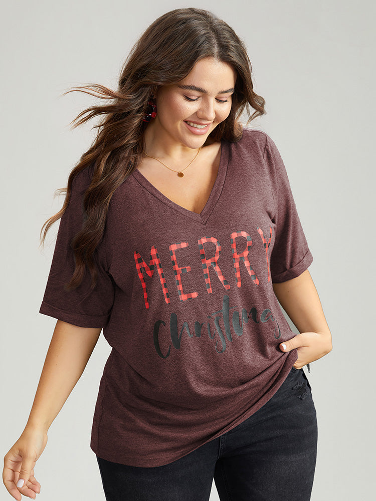 Christmas Gingham Patchwork V Neck T-shirt