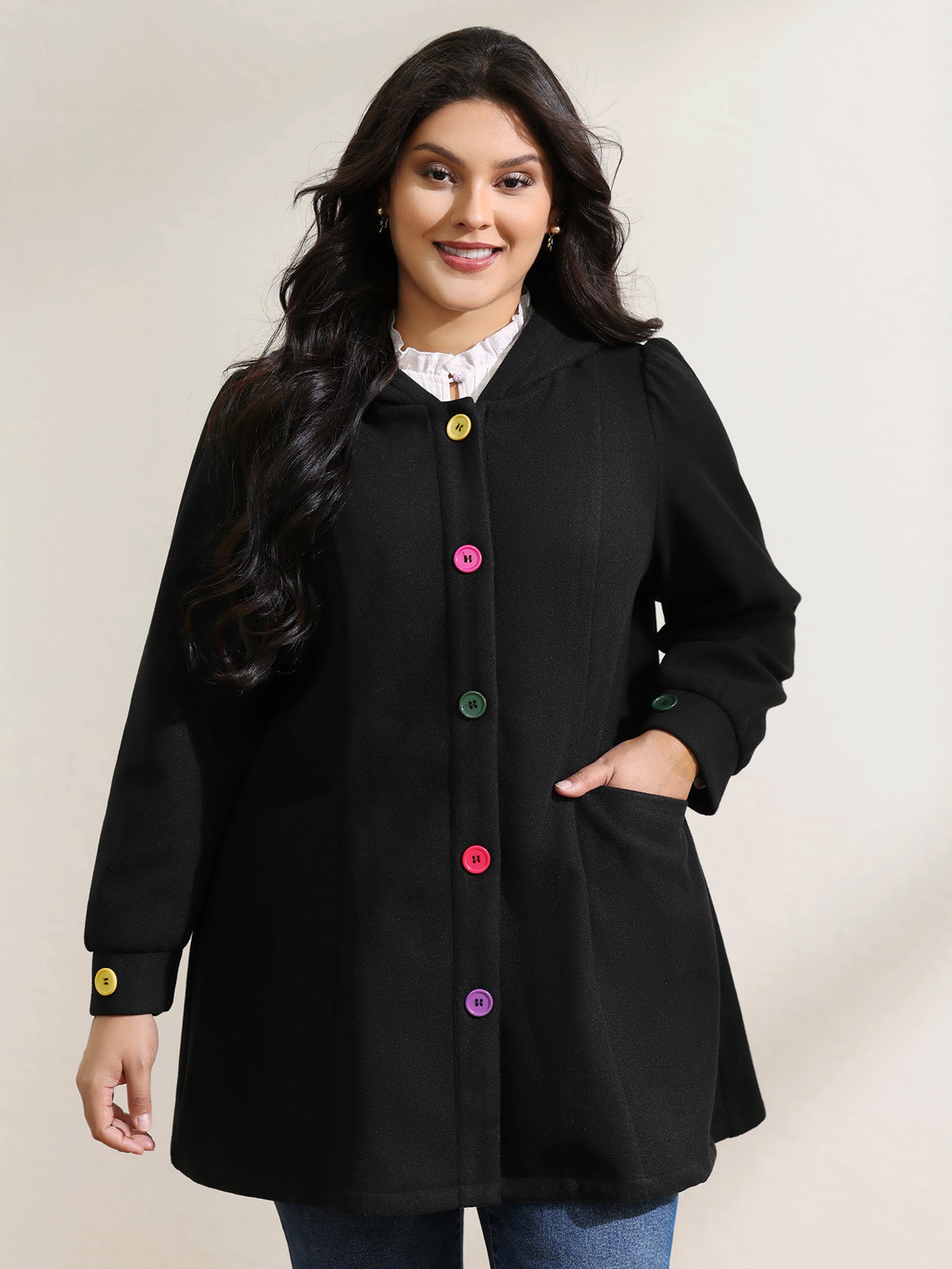 Colorful Buttons Hooded Pocket Coat