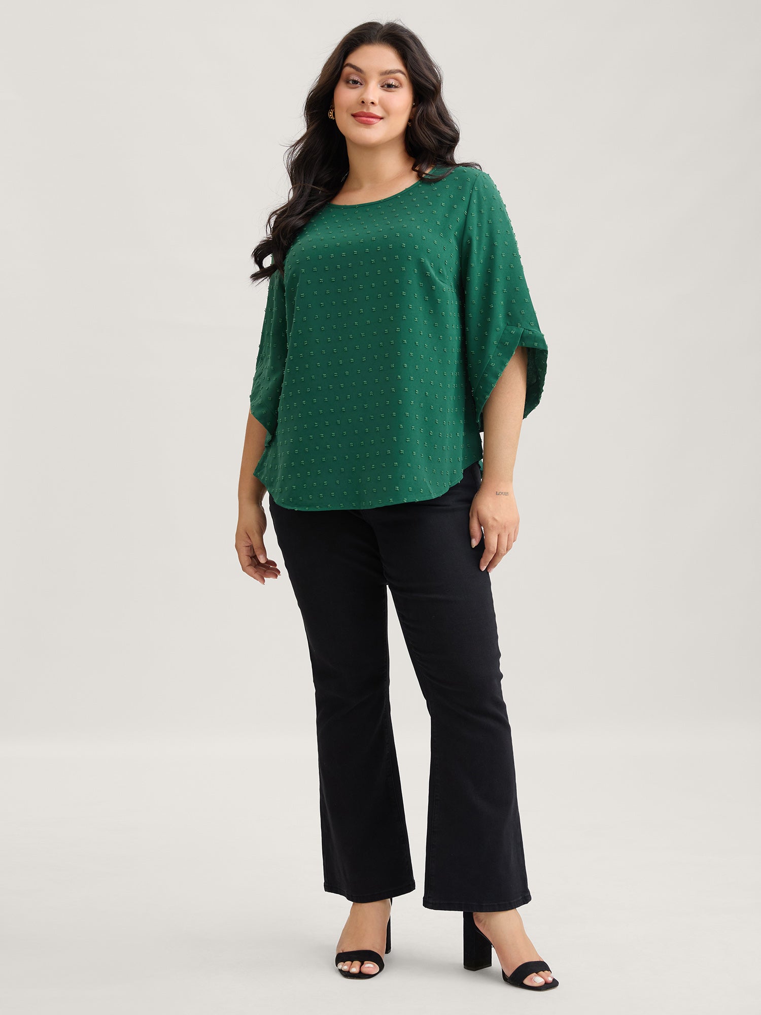 Textured Round Neck Bell Sleeve Blouse