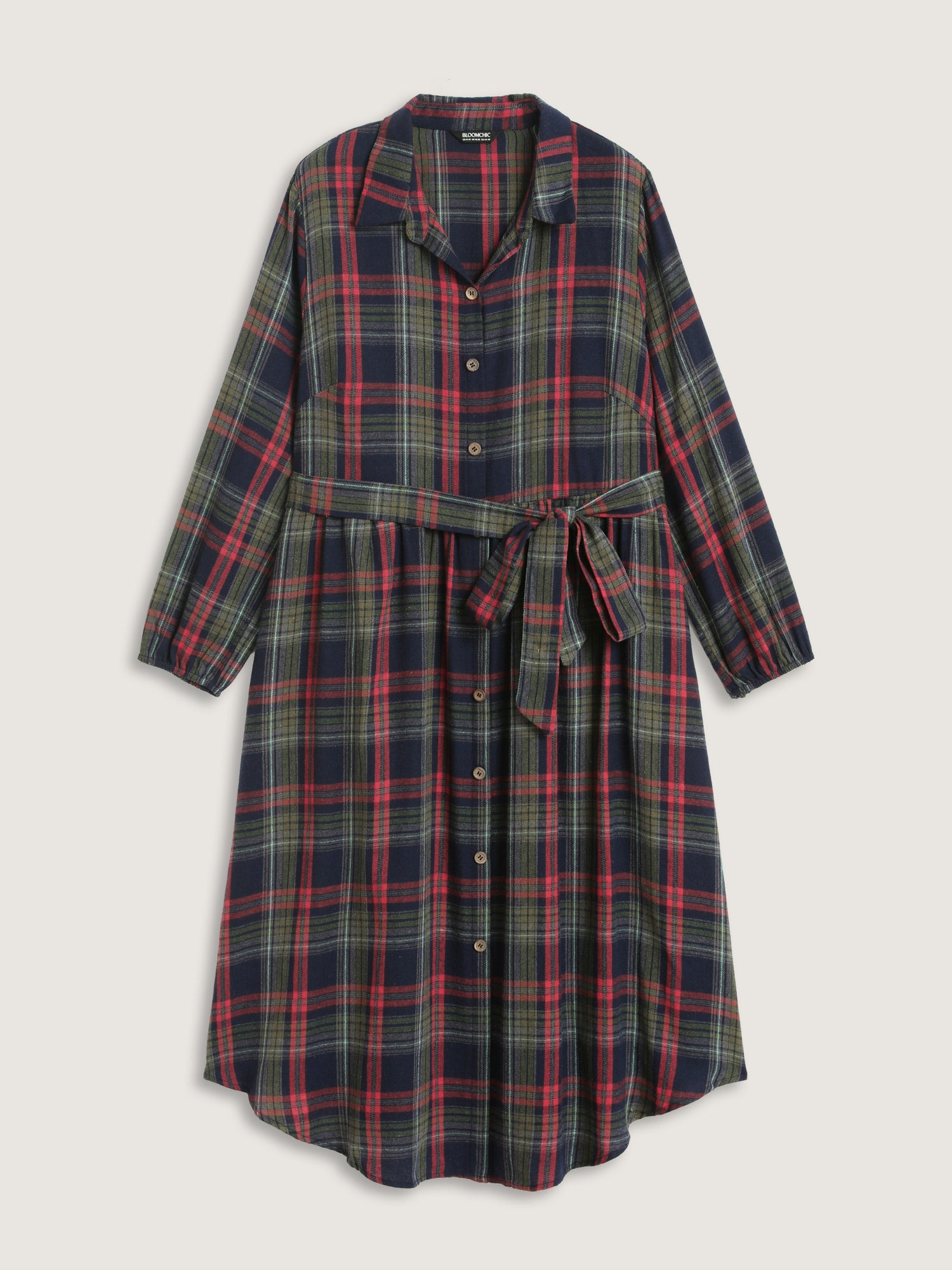Plaid Button Detail Pocket Belted Arc Hem Dress