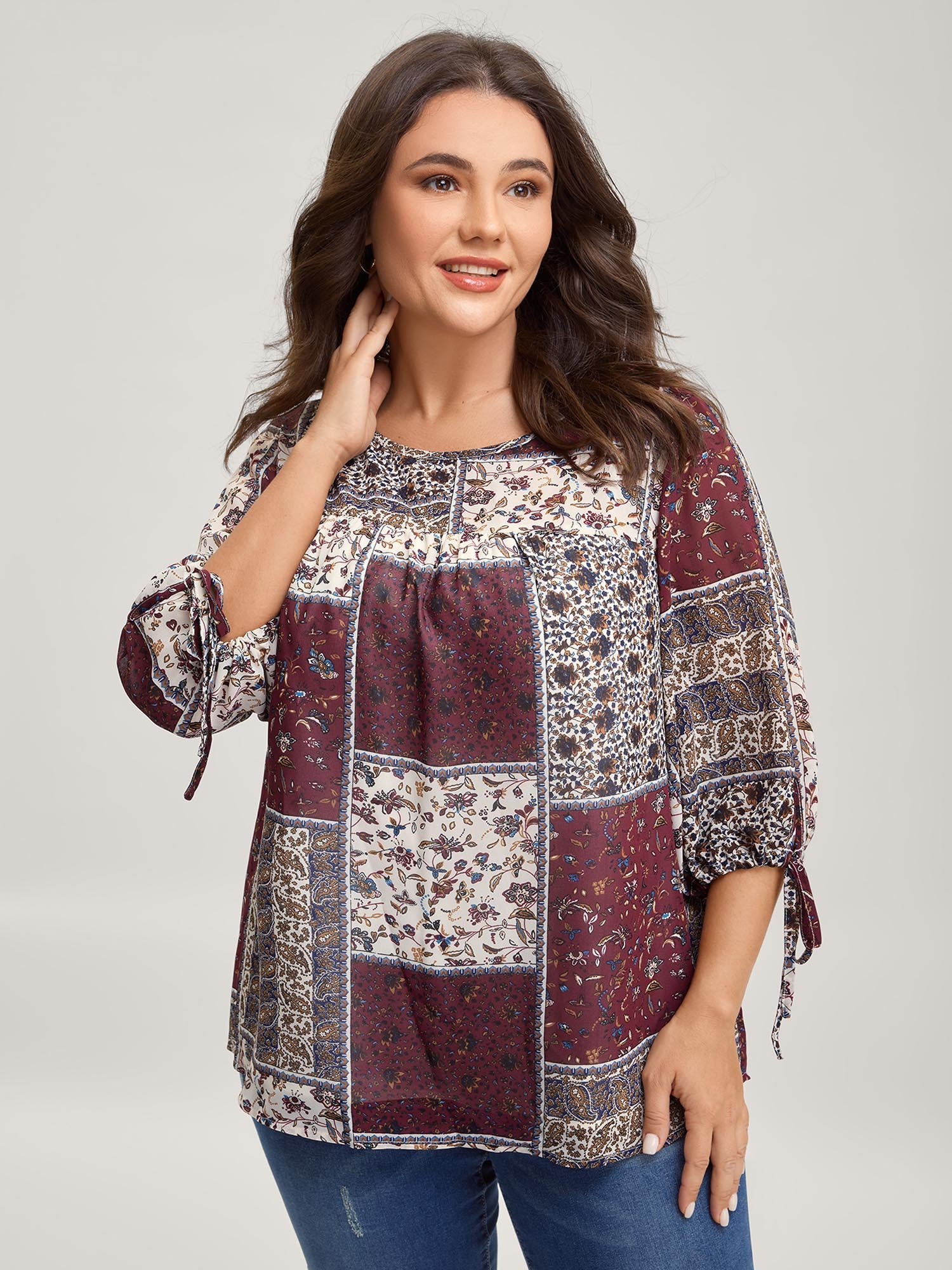 Boho Collage Print Sleeve-Tie Blouse