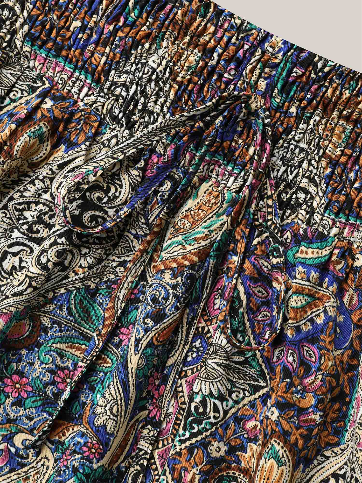 Boho Print Shirred Waist Midi Skirt