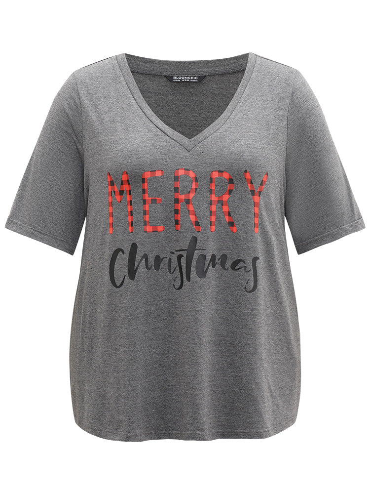 Christmas Gingham Patchwork V Neck T-shirt