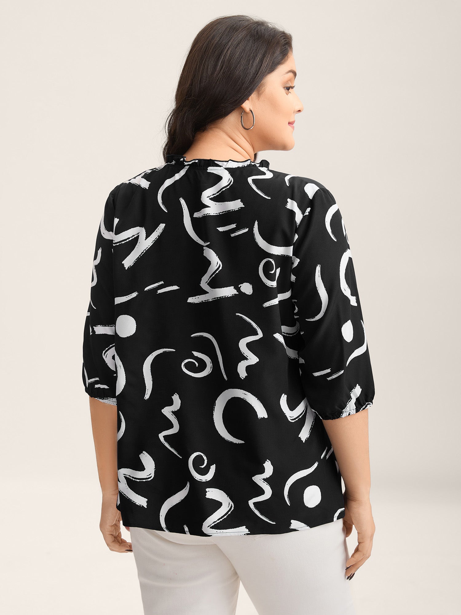 Scribble Print Ruffled Split Neck Blouse