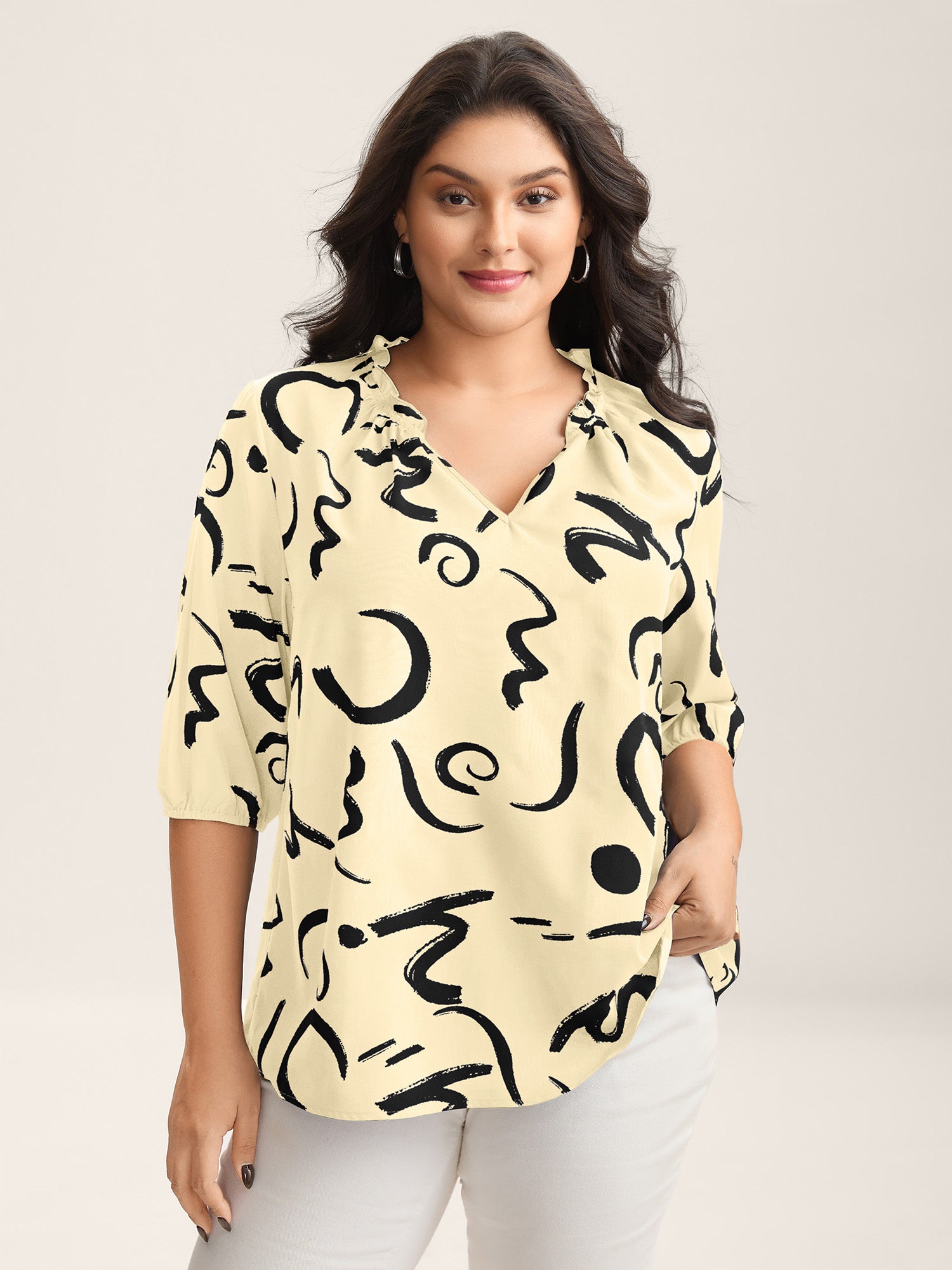 Scribble Print Ruffled Split Neck Blouse