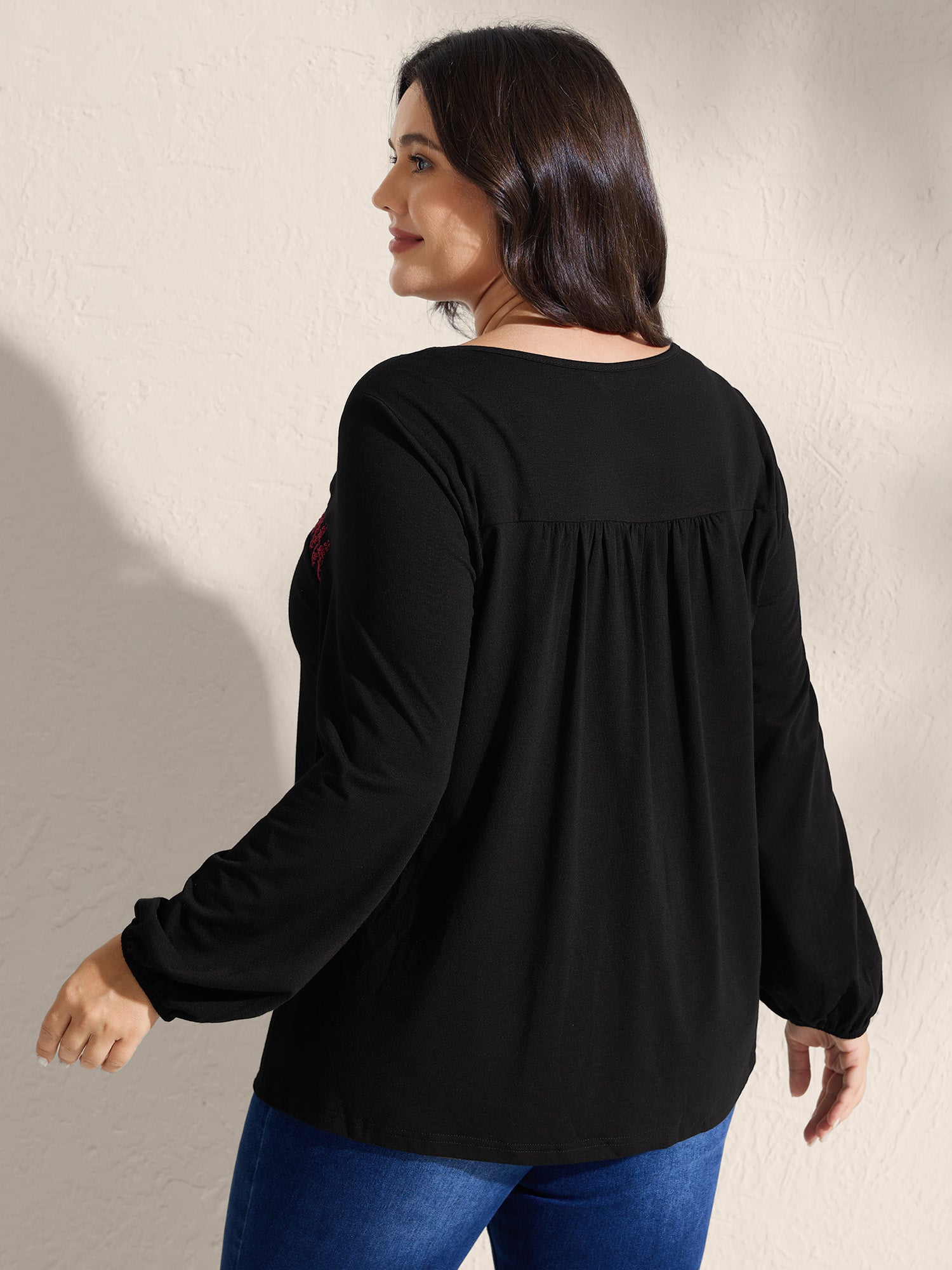 Floral Embroidery Neckline Shirred Knit Top