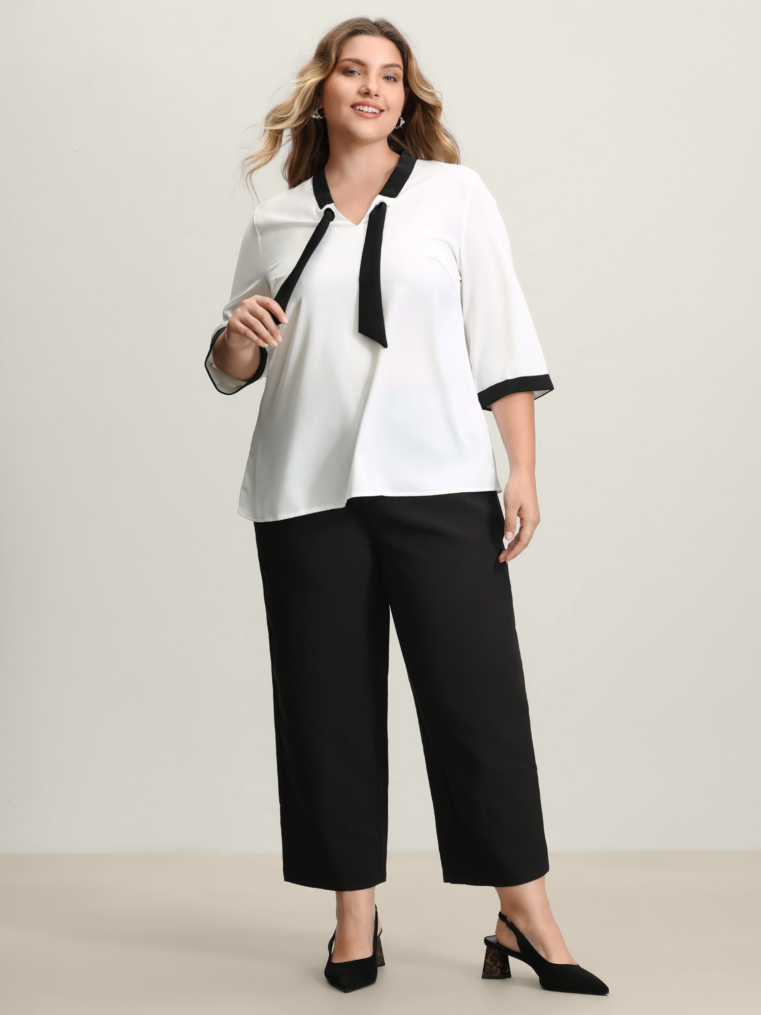 Color Contrast Sailor Neck-Tie Blouse
