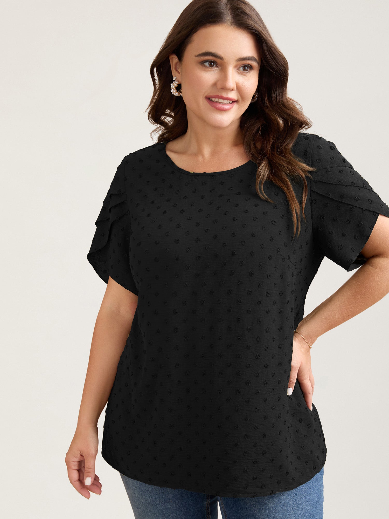 Textured Color Contrast Petal Sleeve Blouse