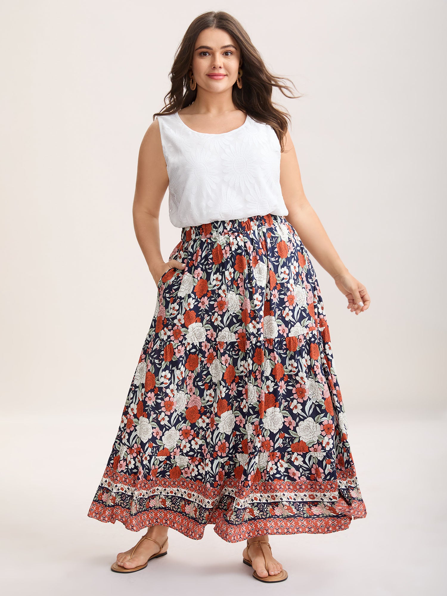 Rayon Breezy Floral Print Tiered Back Maxi Skirt