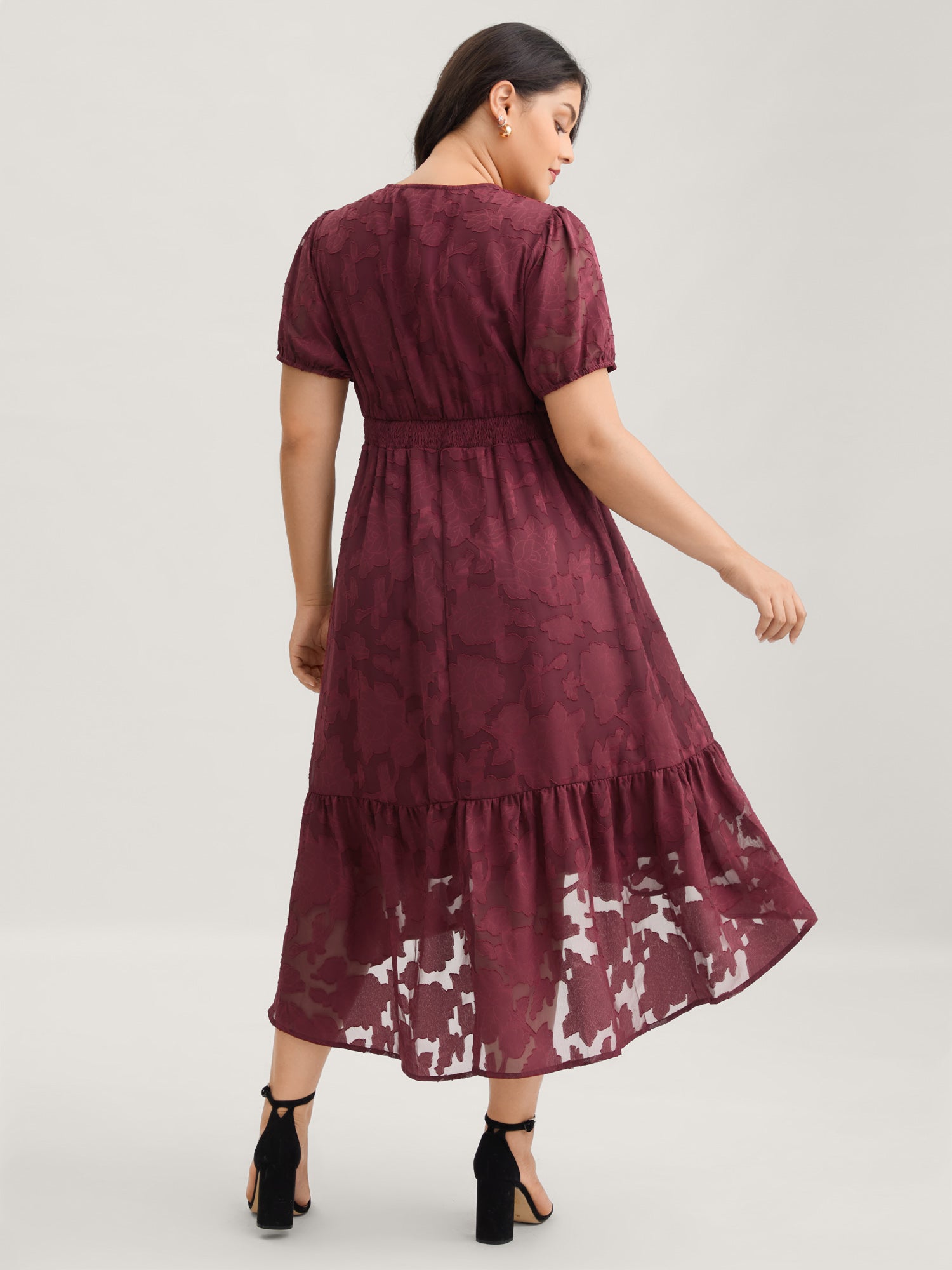 Solid Textured Lantern Sleeve Button Detail Dress