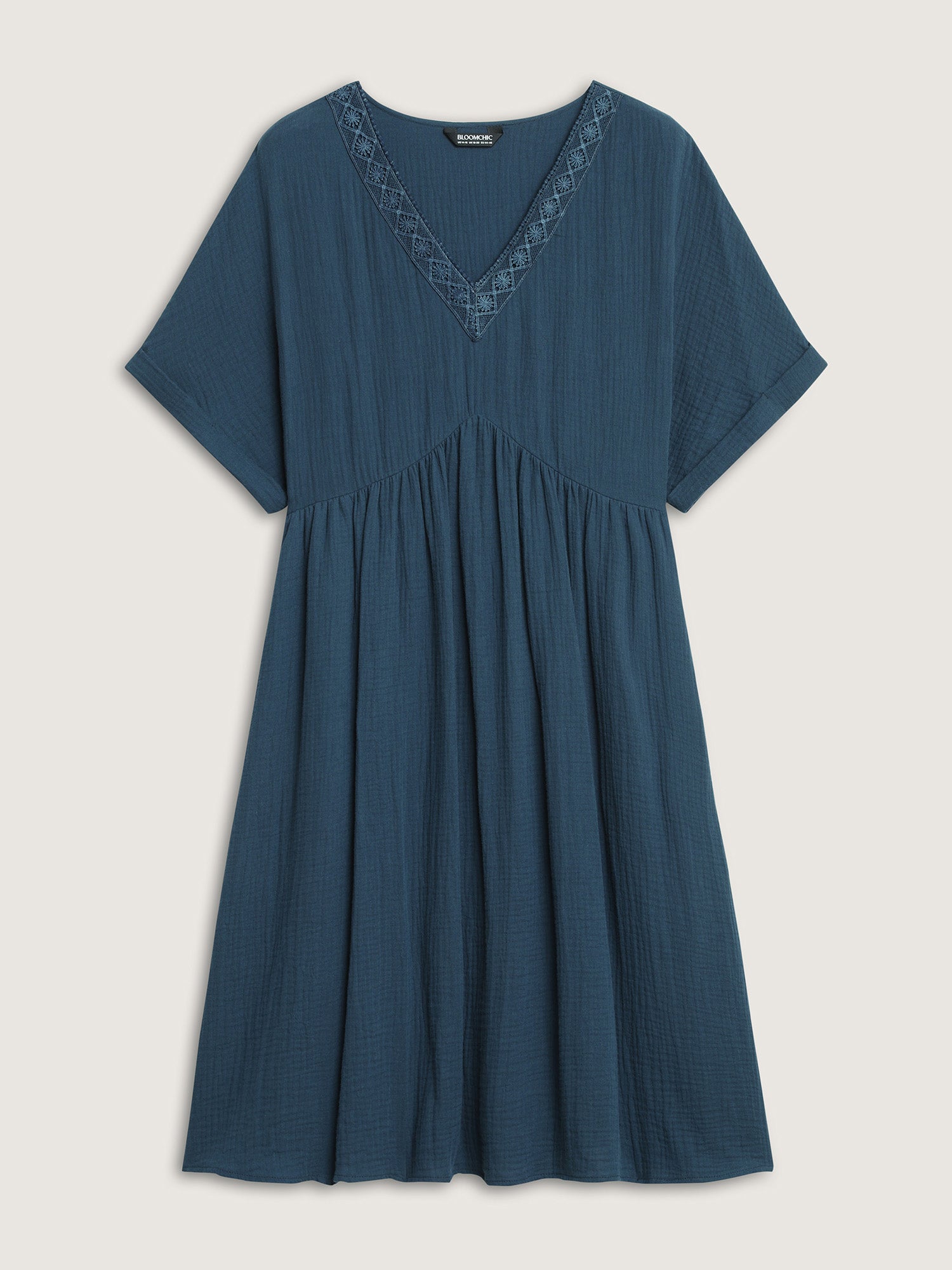 Pure Cotton Lace V-Neck Solid Midi Dress