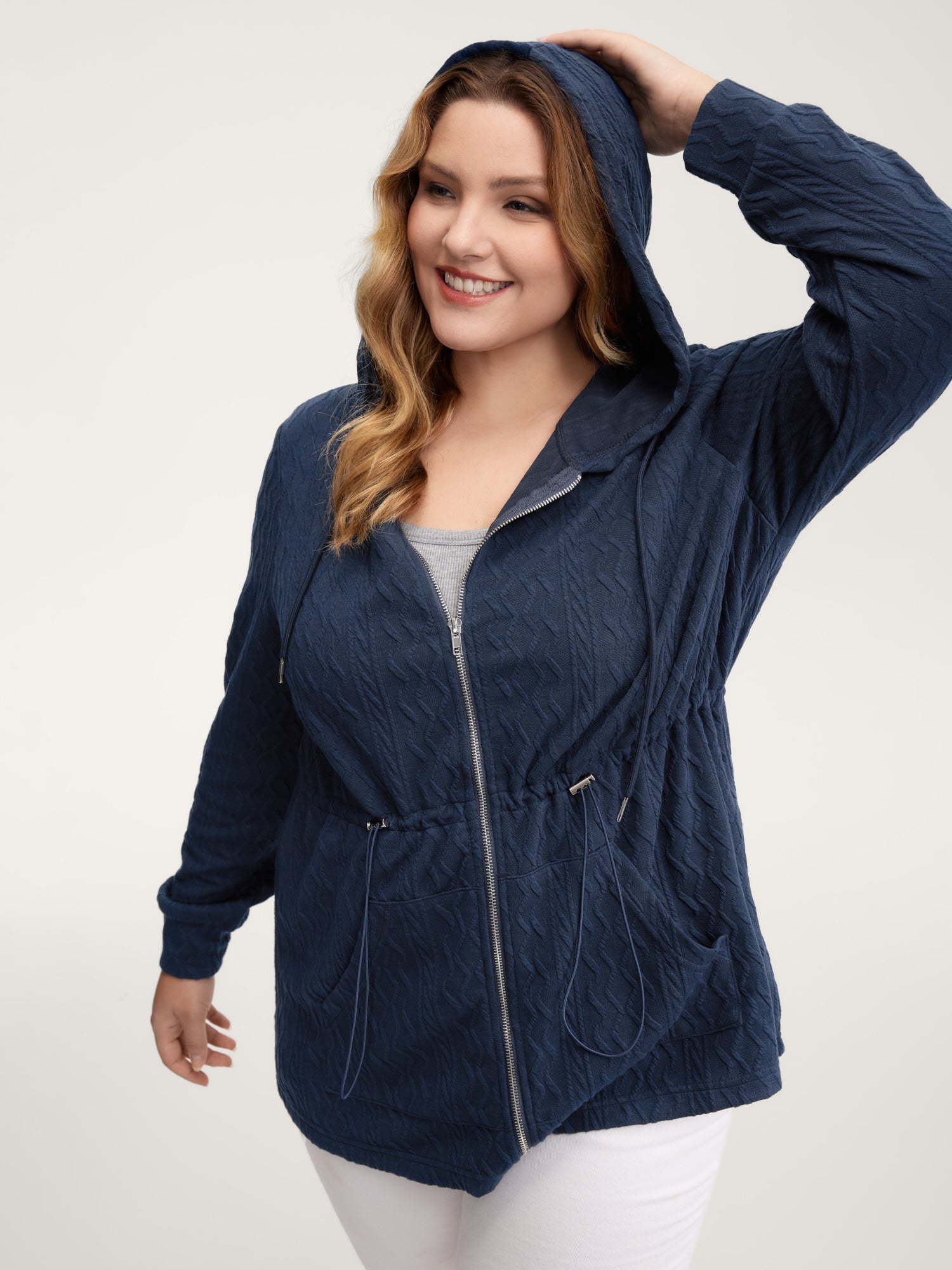 Textured Zipper Drawstring Hooded Jacket