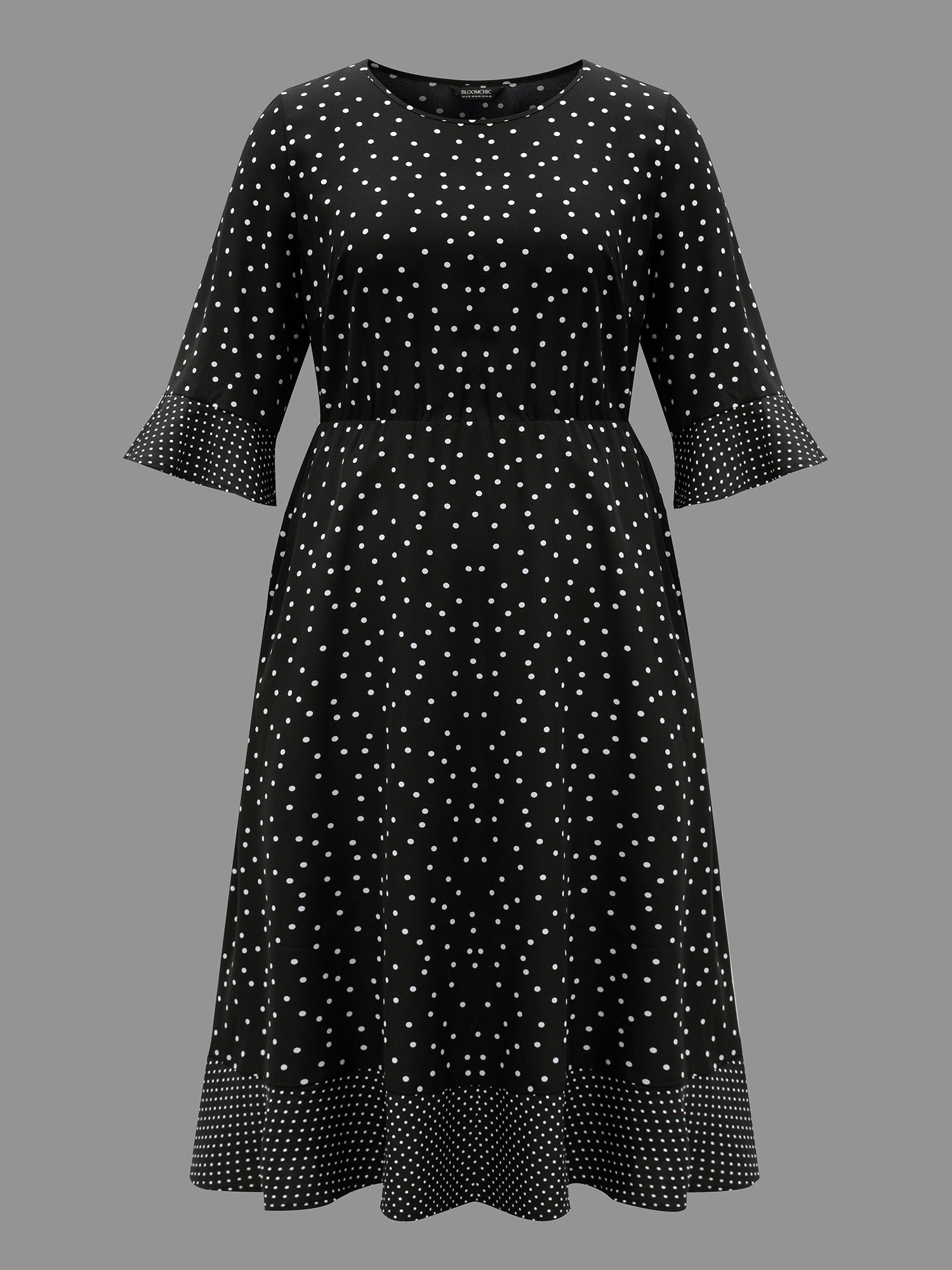Crew Neck Polka Dot Waist Cinched Dress