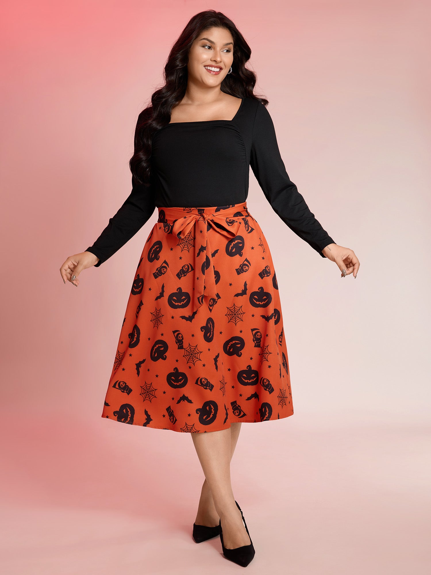 Pumpkin Print Belted Maxi Skirt