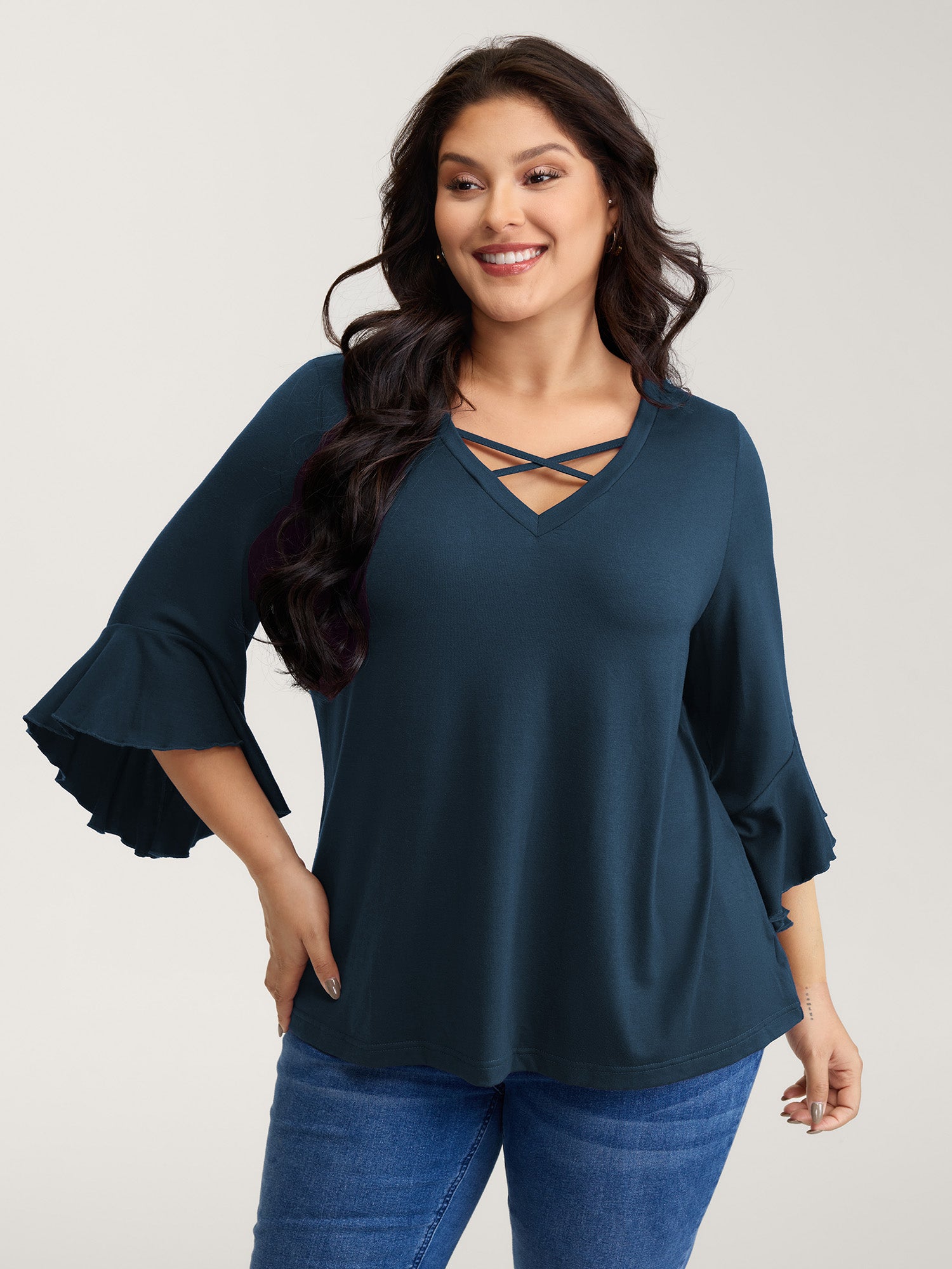 Supersoft Drawstring Neckline Ruffled Sleeve Knit Top