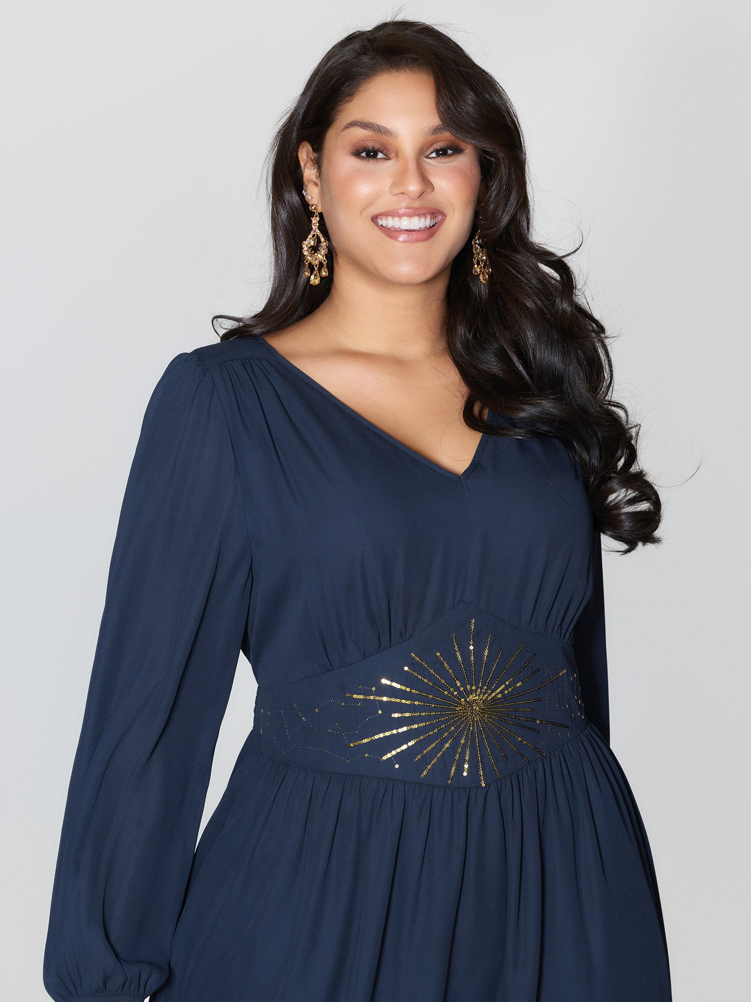 Gold Sequin Embroidery Sheer Shirred Midi Dress