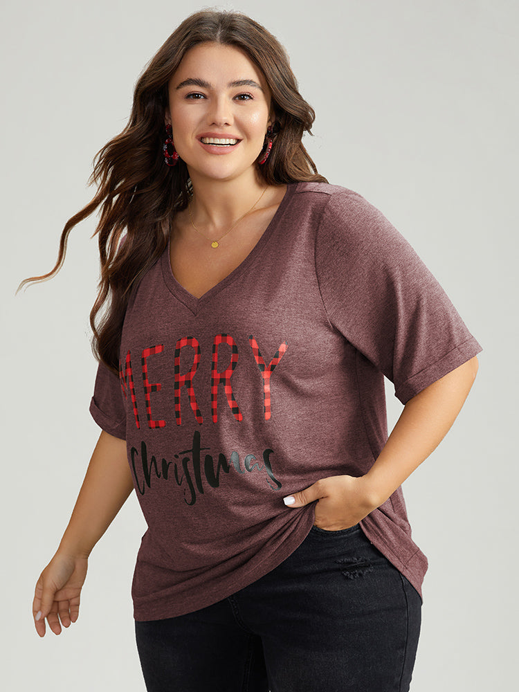 Christmas Gingham Patchwork V Neck T-shirt