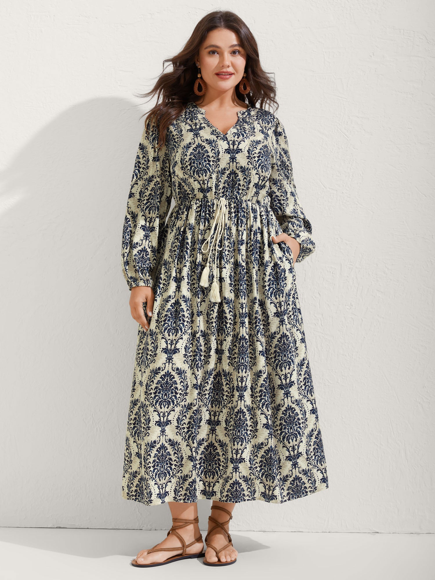 Boho Print Notched Tie Knot Maxi Dress